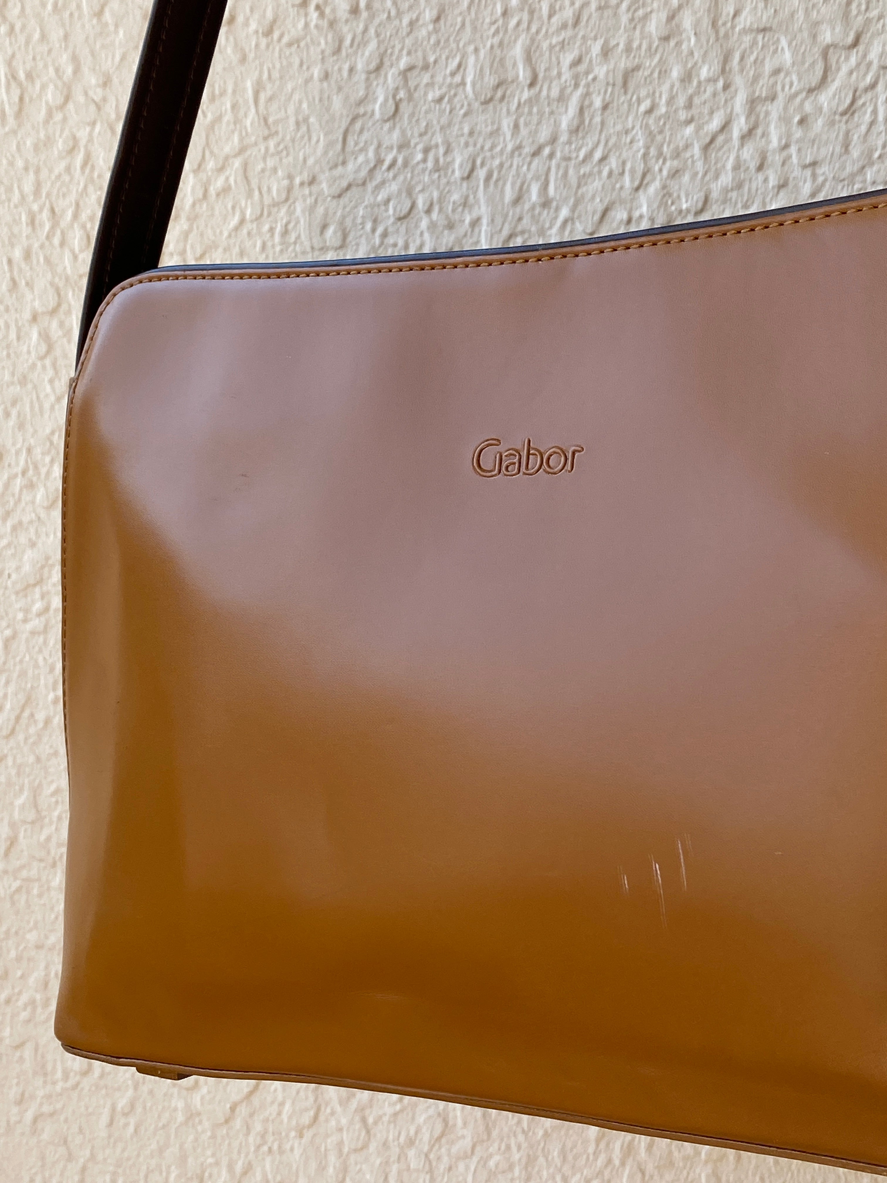 Vintage 90s Gabor Cognac Brown Glossy Minimalist Shoulder Bag