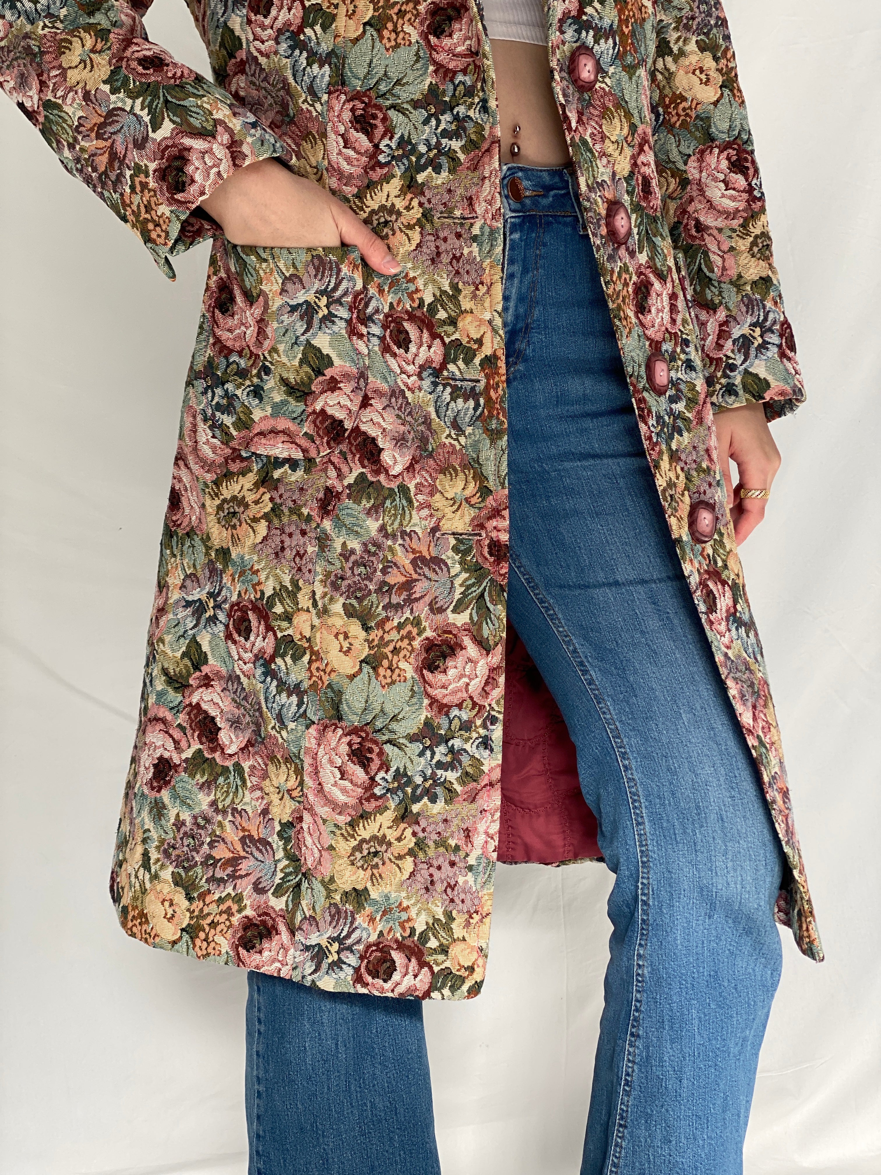 Vintage Statement Handmade Floral Tapestry Quilted Coat with Pink Faux Fur Collar - M