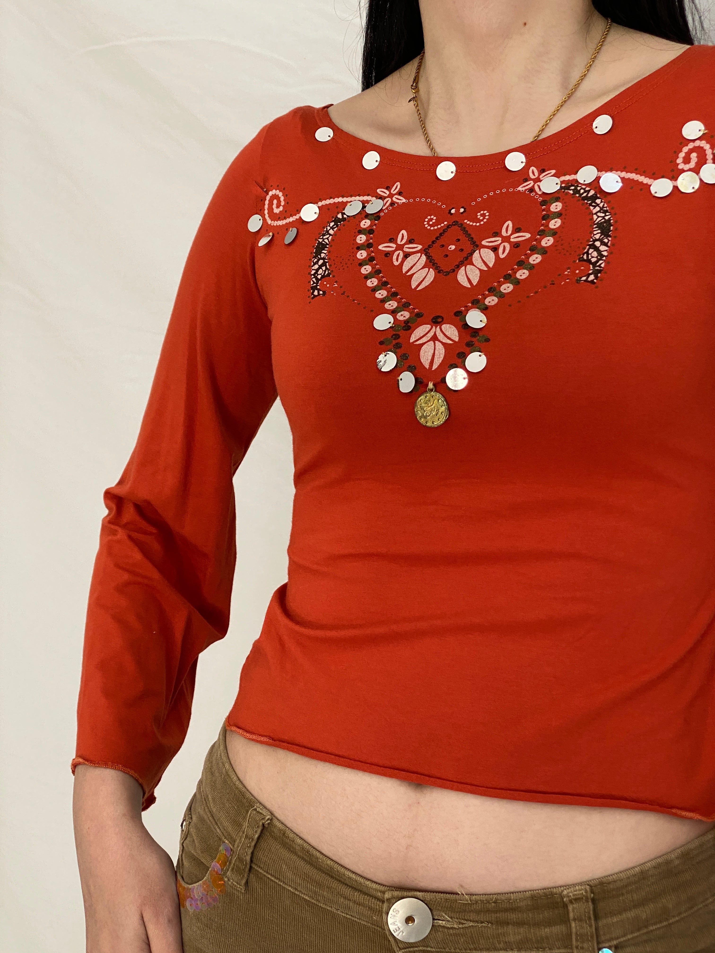 Y2K Exzotica Orange Embellished Graphic Top with Coin Details - S