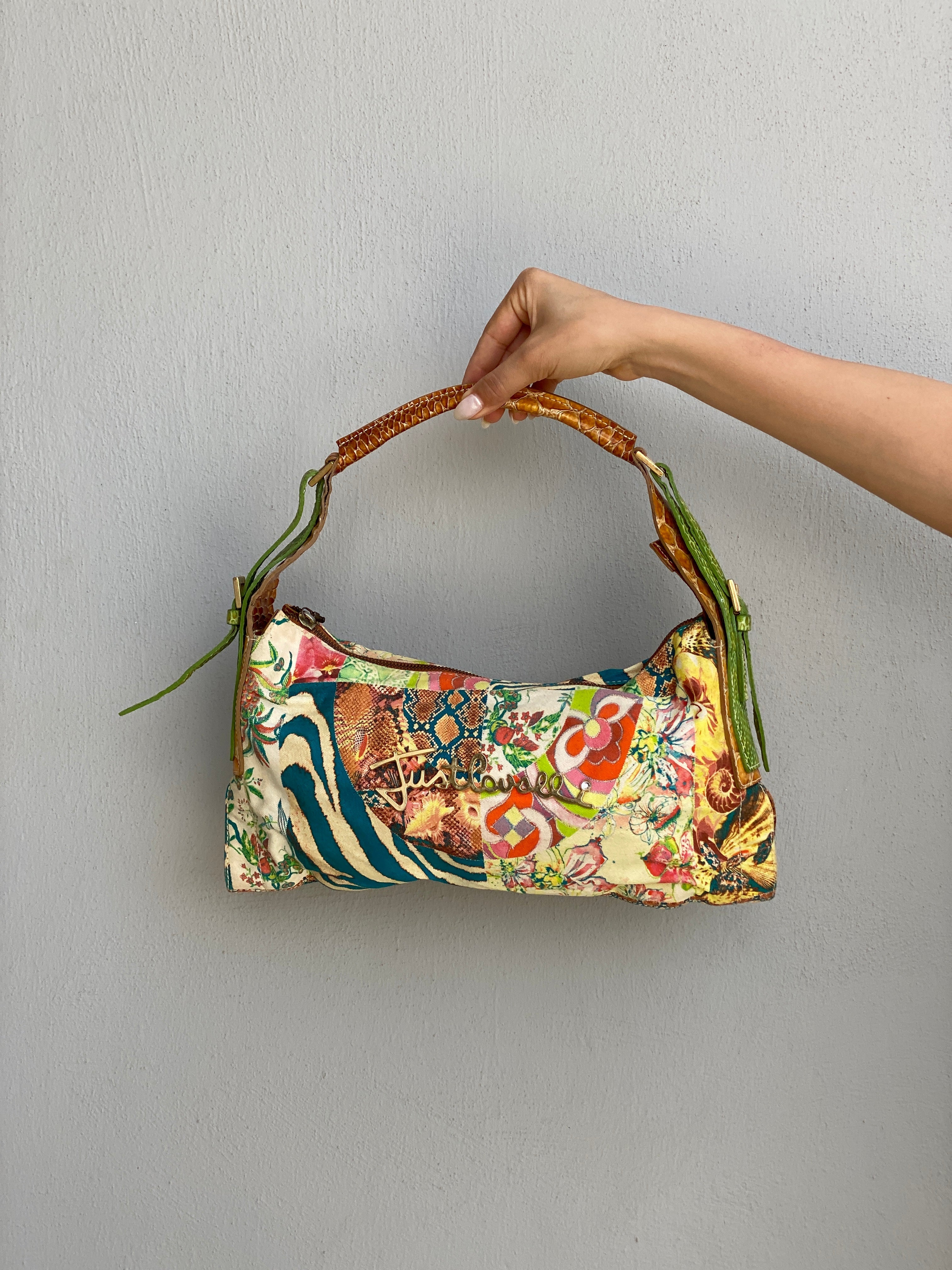 Statement Y2K Just Cavalli Graphic Print Canvas & Leather Shoulder Bag