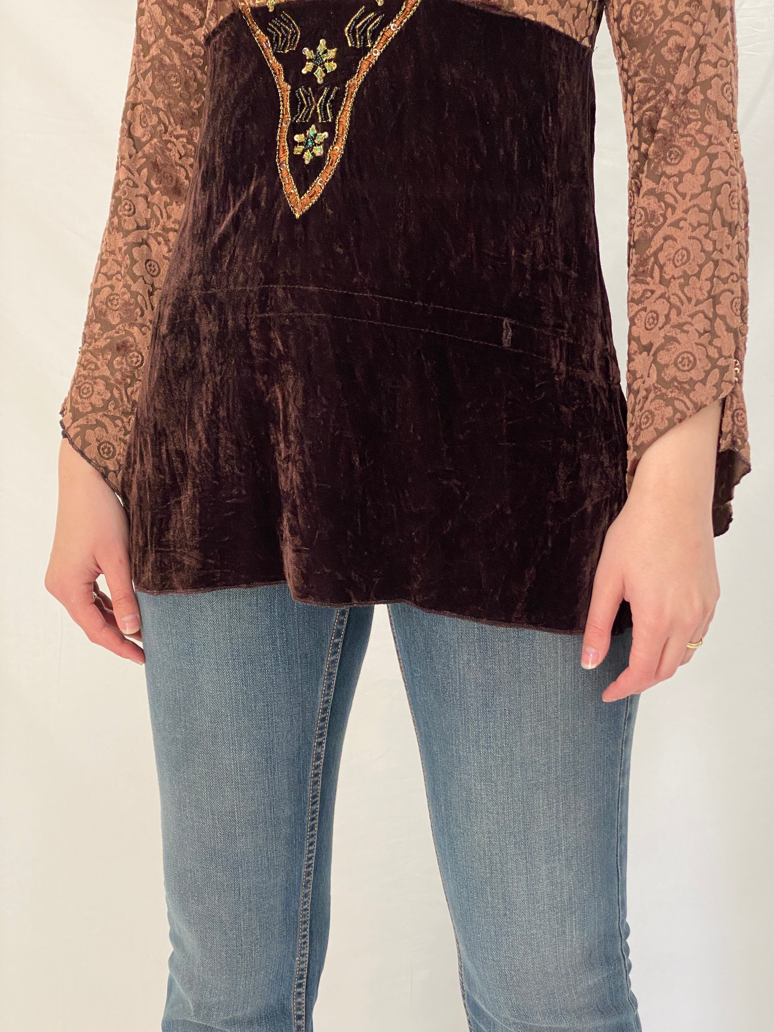 Vintage Y2K Xcepsion Brown Velvet Lace Boho Top with Bell Sleeves - M