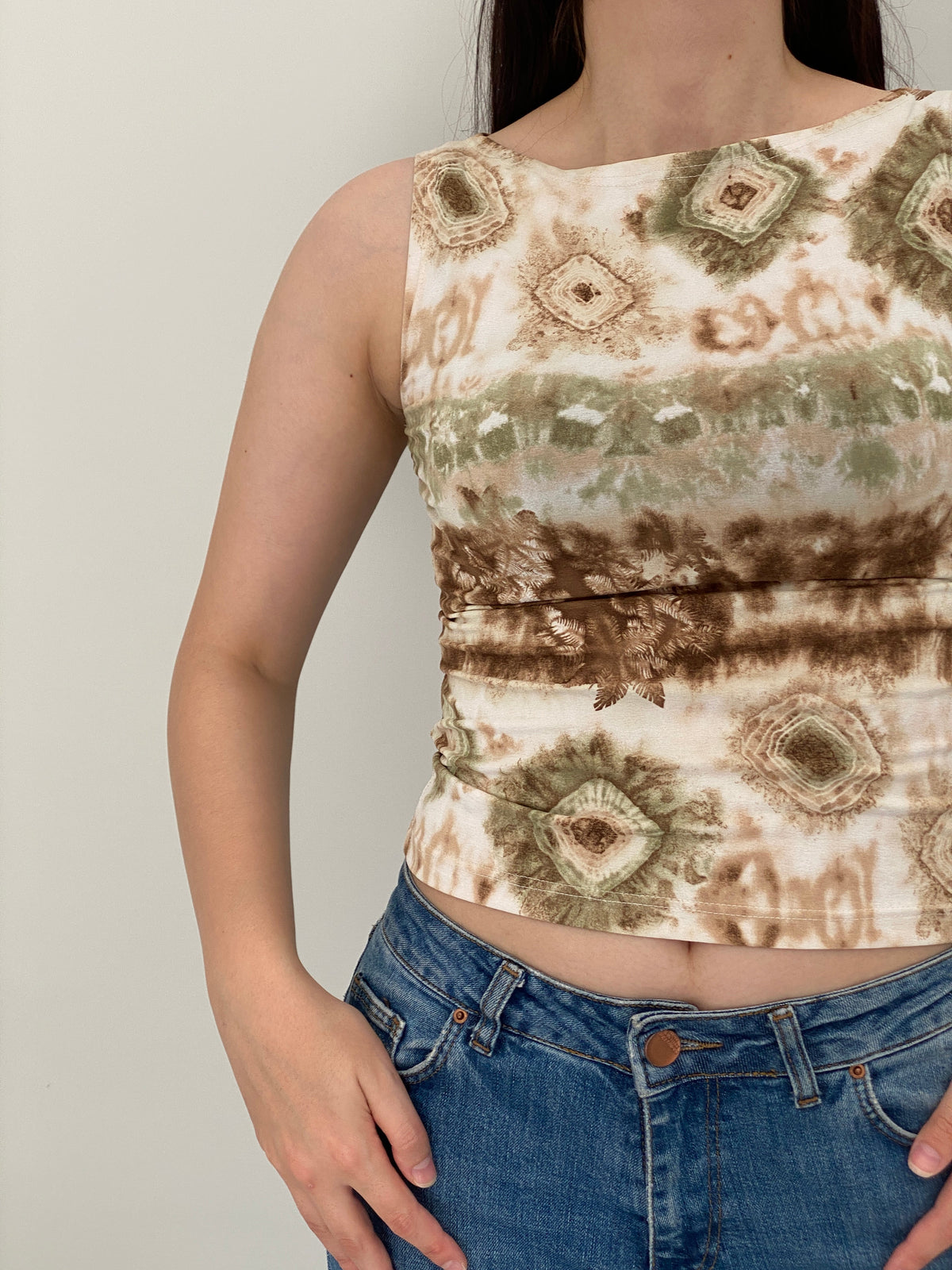 Y2K Rouge Paris Beige Brown Abstract Print Fitted Tank Top – S