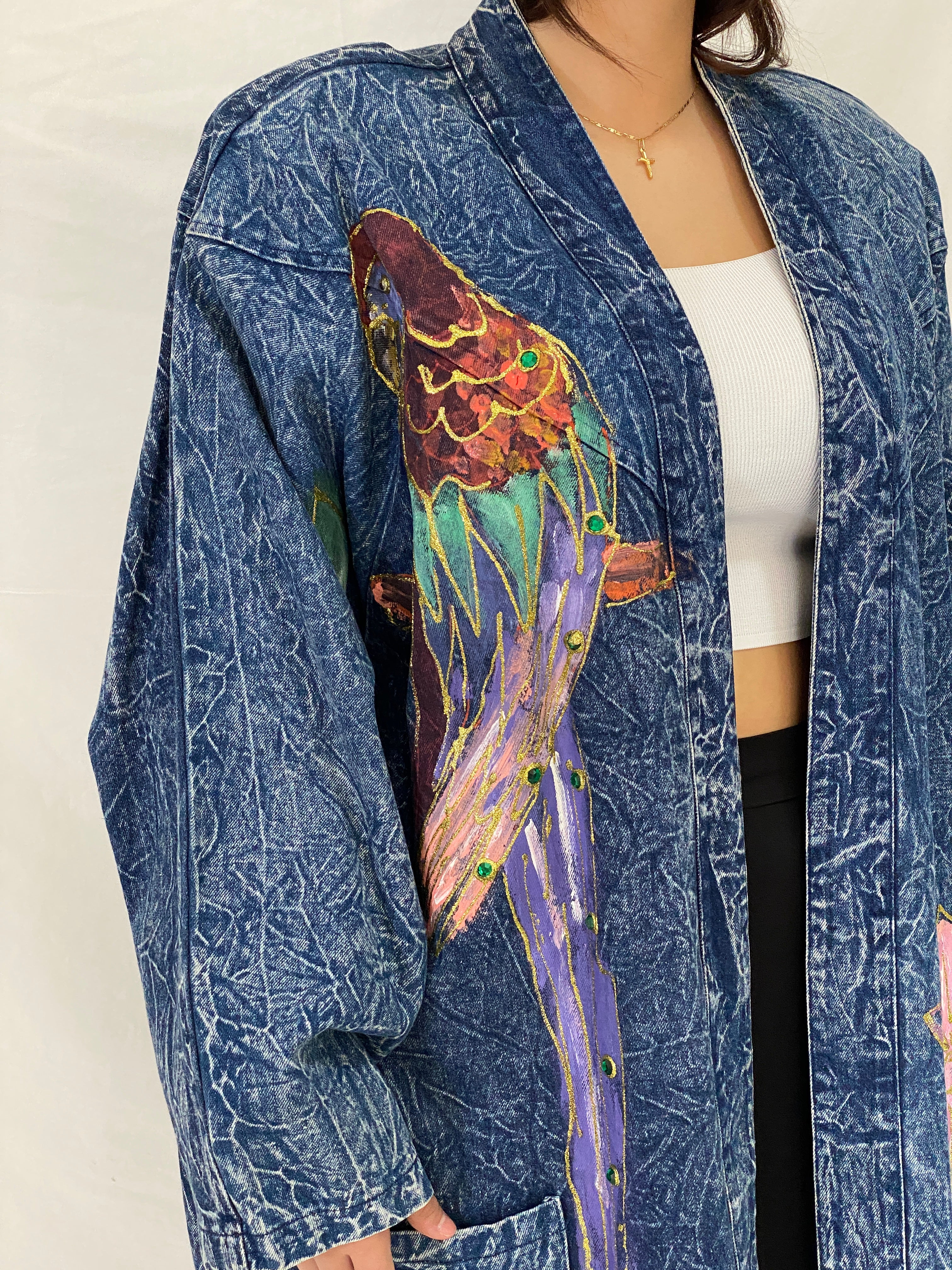 Vintage Christie California Hand Painted Denim Duster 80s Acid Wash Kimono Coat - 2XL