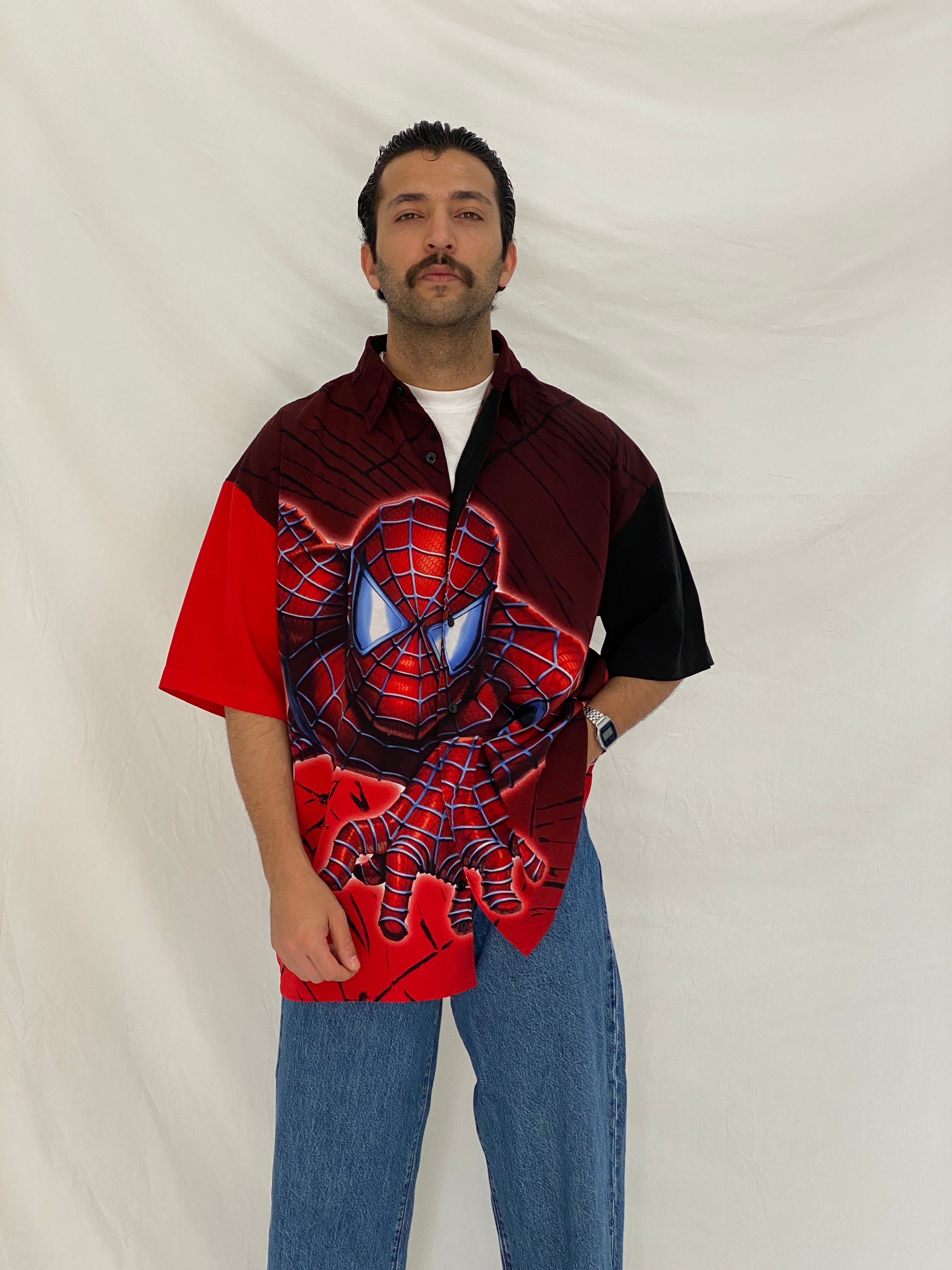 Vintage Y2K Spider-Man Graphic Button Up Red & Black Comic Shirt – L