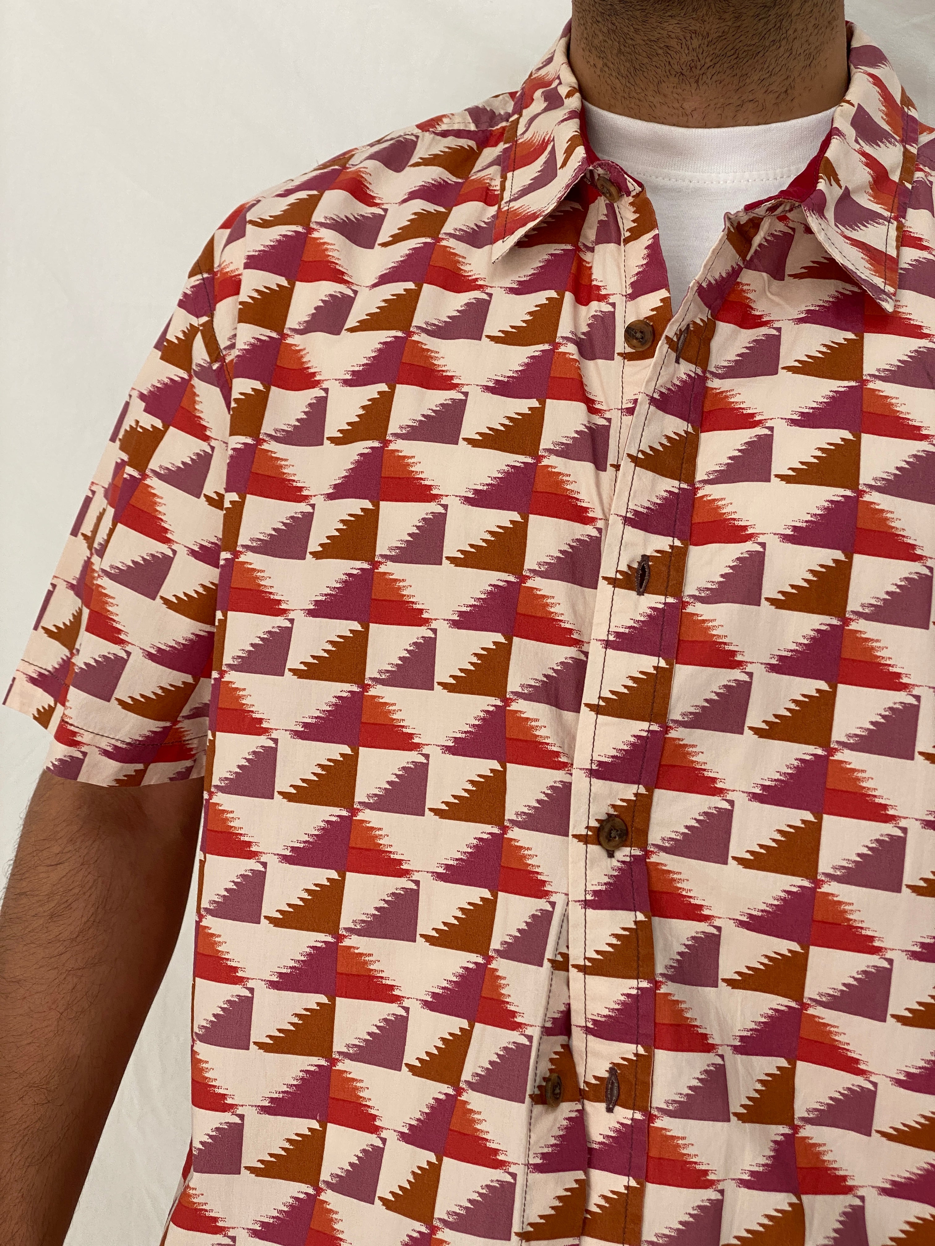Prana Geometric Print Cotton Red Pink Abstract Short Sleeve Shirt – XL