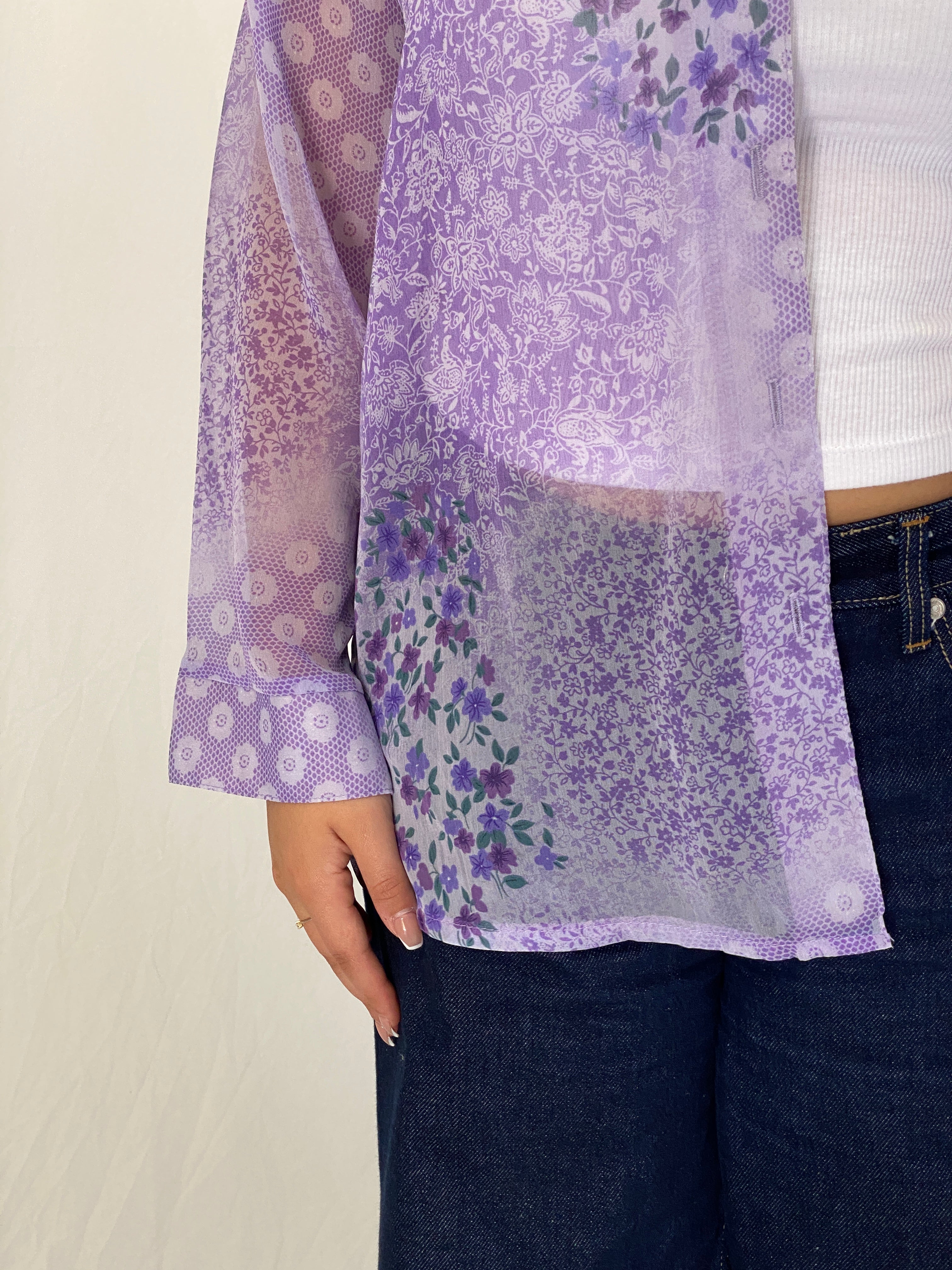 Vintage 90s Lighthouse Point Purple Sheer Floral Button-Up Blouse - L