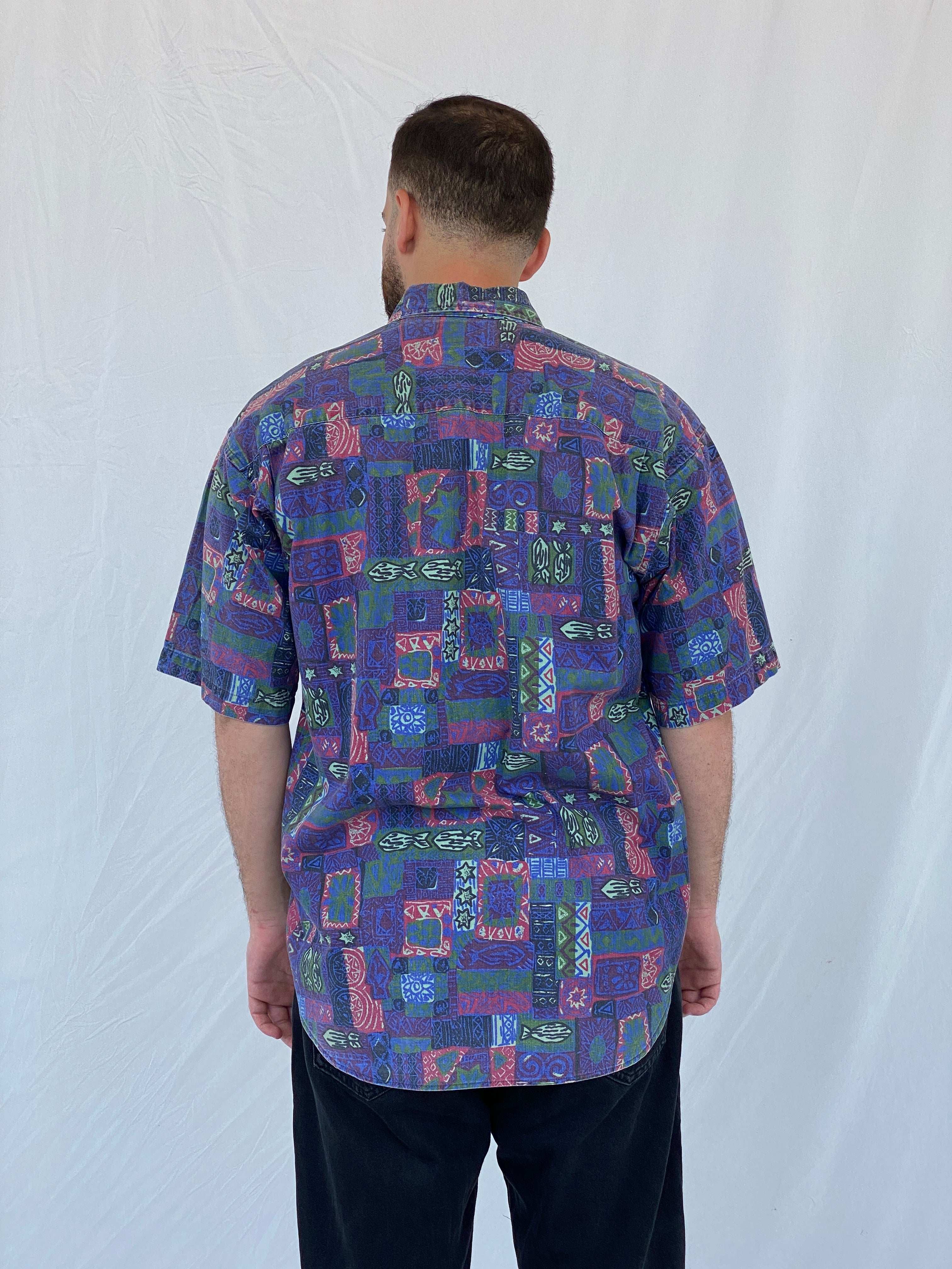 Vintage American Blue Printed Purple Short-Sleeve Cotton Shirt - L - Balagan Vintage Half Sleeve Shirt 90s, half sleeve shirt, Iyad, mens shirt, NEW IN, printed shirt