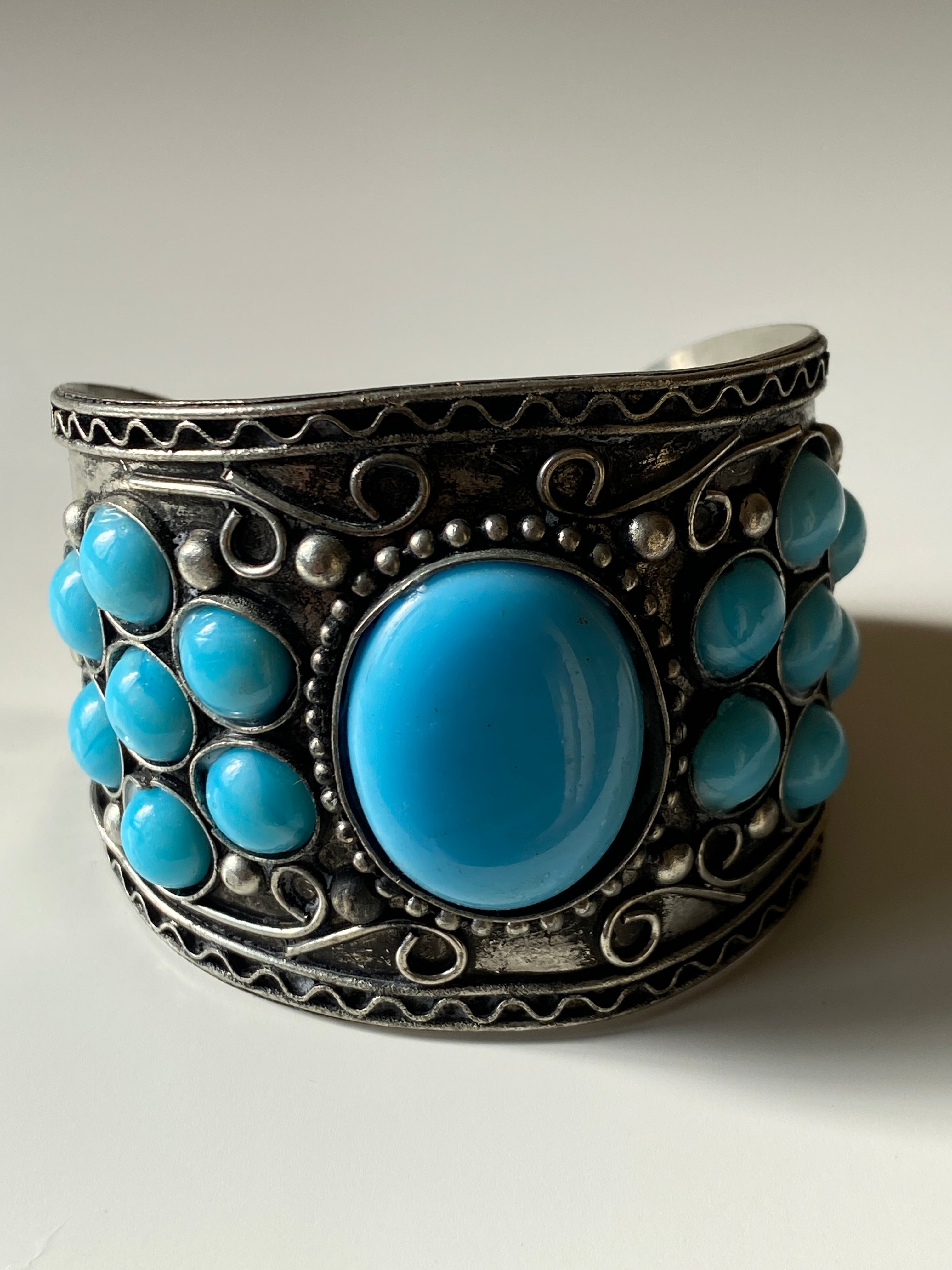 Vintage Silver Turquoise Statement Cuff Wide Boho Tribal Inlay Bracelet