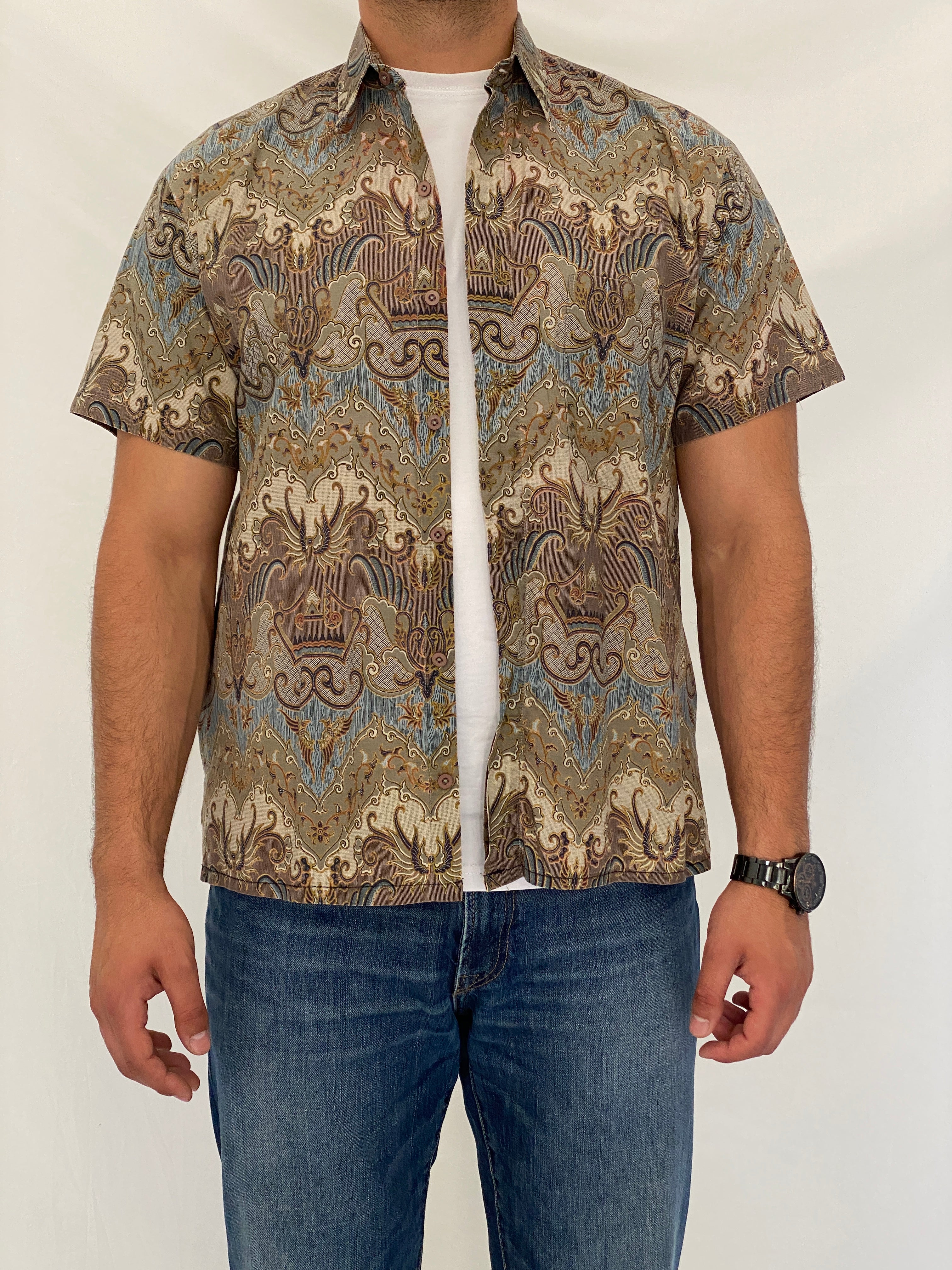 Vintage 90s Baroque Paisley Print Short Sleeve Cotton Button-Up Shirt – XL