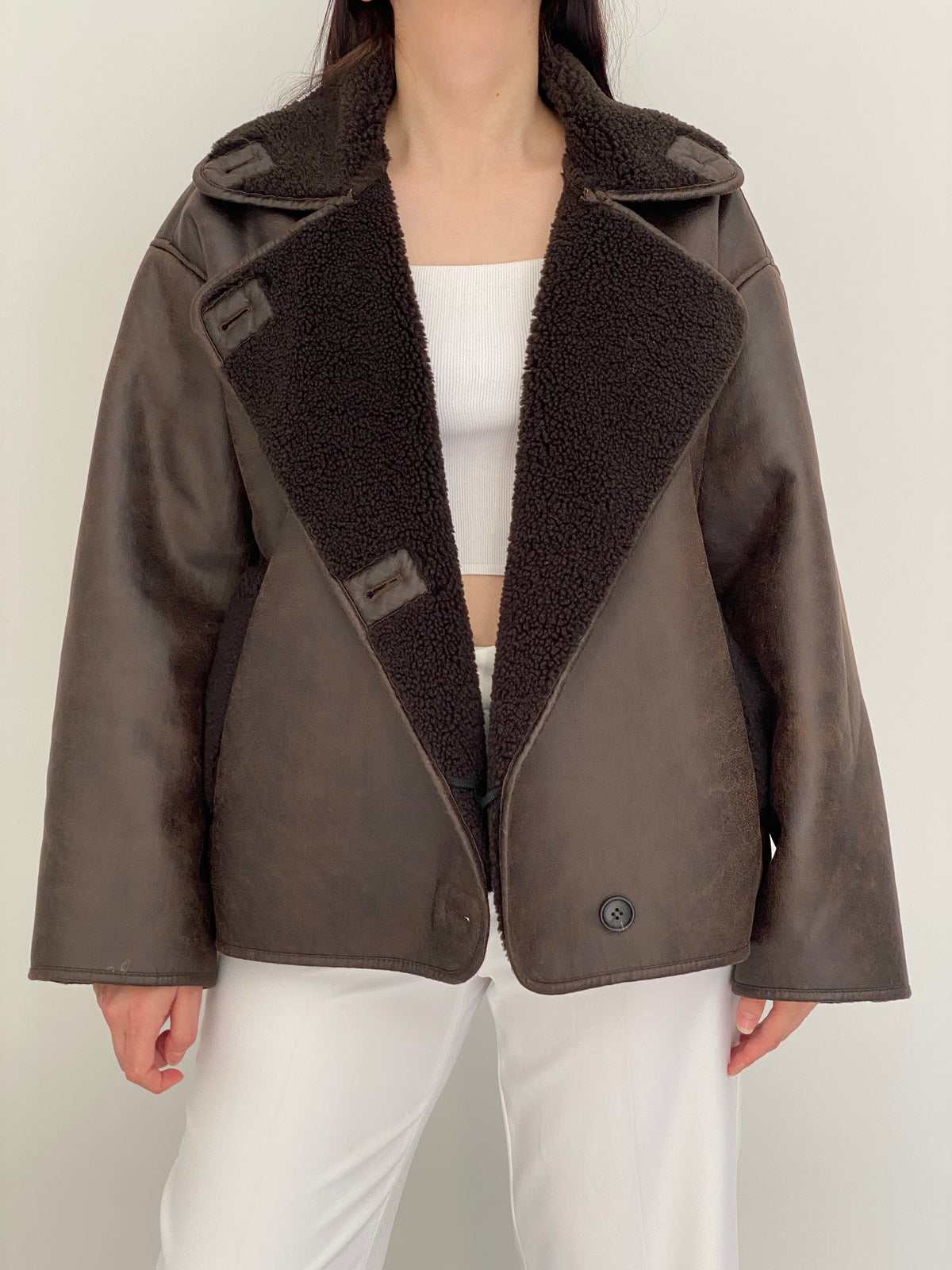 Chocolate Brown Faux Leather Shearling Aviator Jacket - L