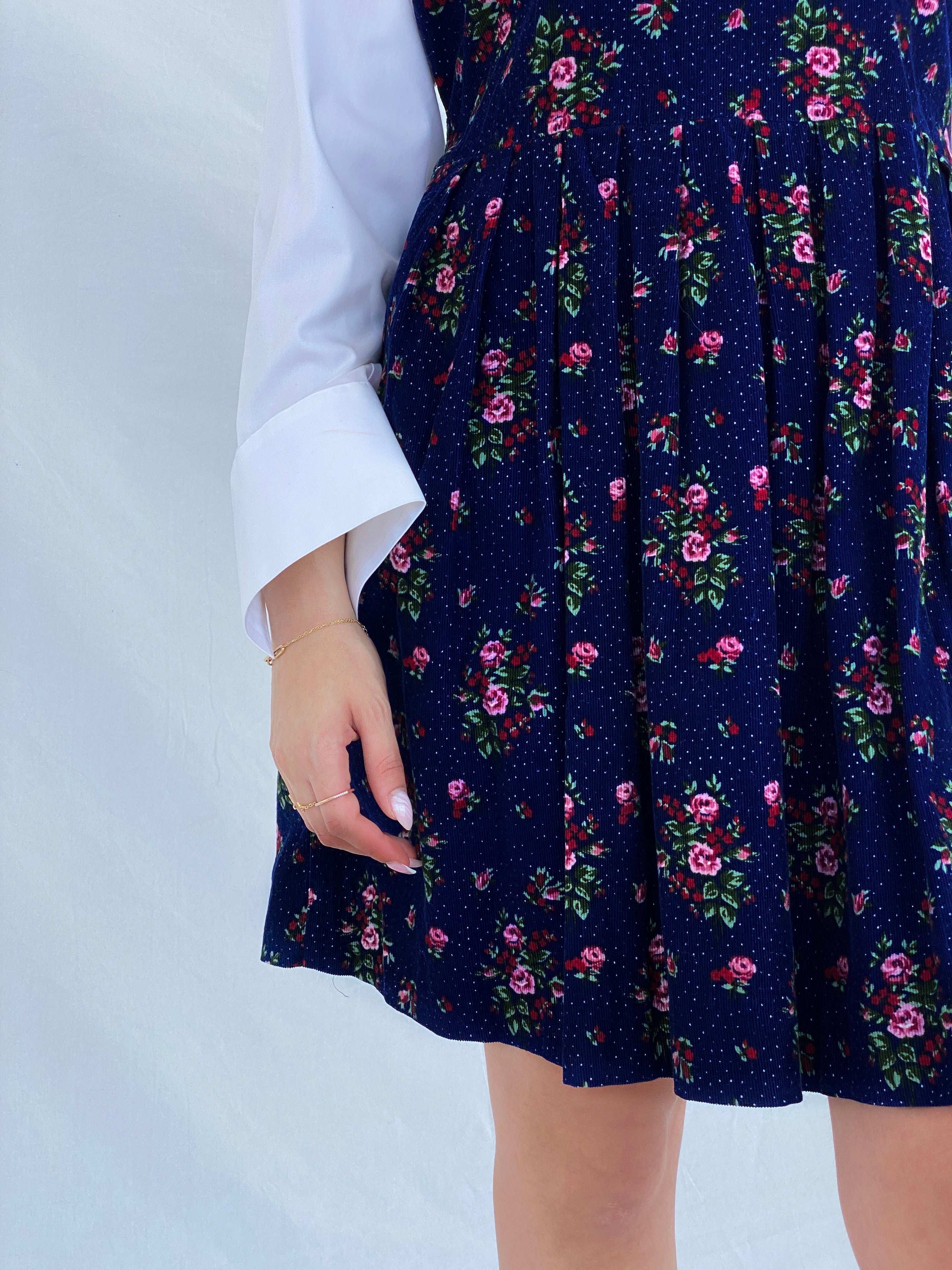 Vintage Pomponi Floral Navy Corduroy Dress Size L - Balagan Vintage Mini Dress 90s, corduroy, dress, floral, floral dress, floral print, Juana, maxi dress, NEW IN