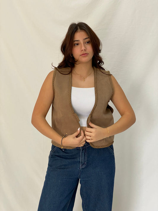 Vintage Tan Suede Braided Trim Western Boho Layer Vest - L