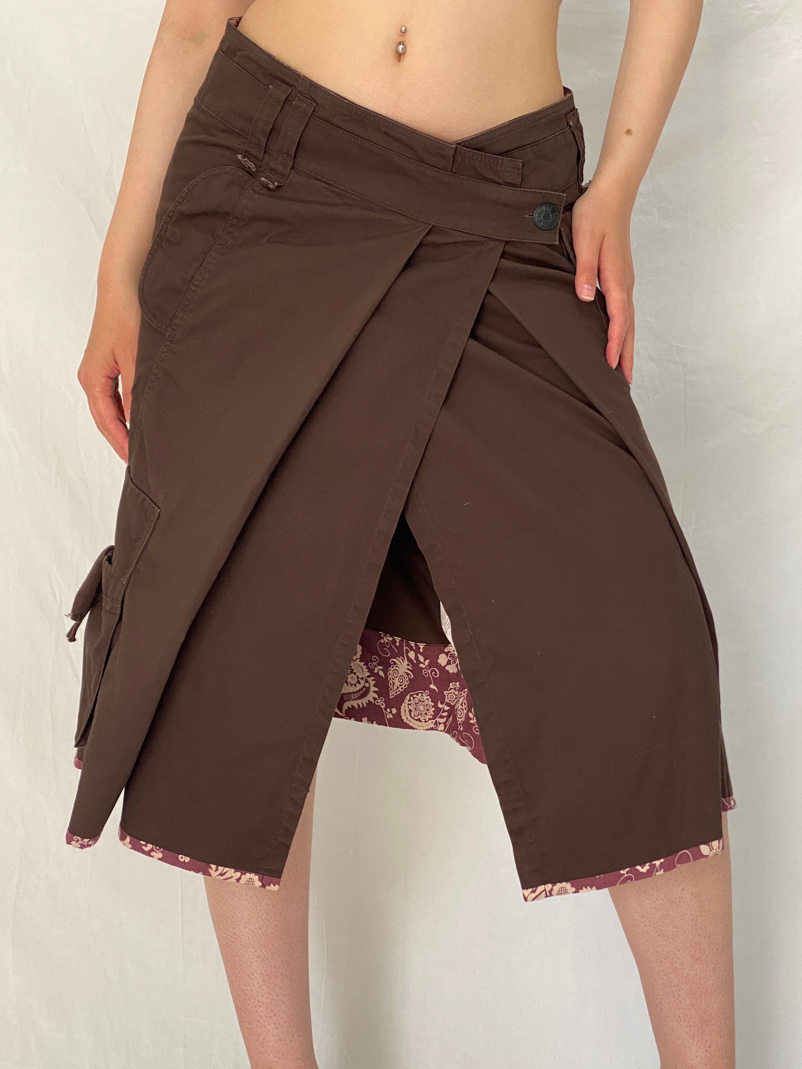 Vintage IKKS Brown Utility Wrap Asymmetric Cargo Midi Skirt – M