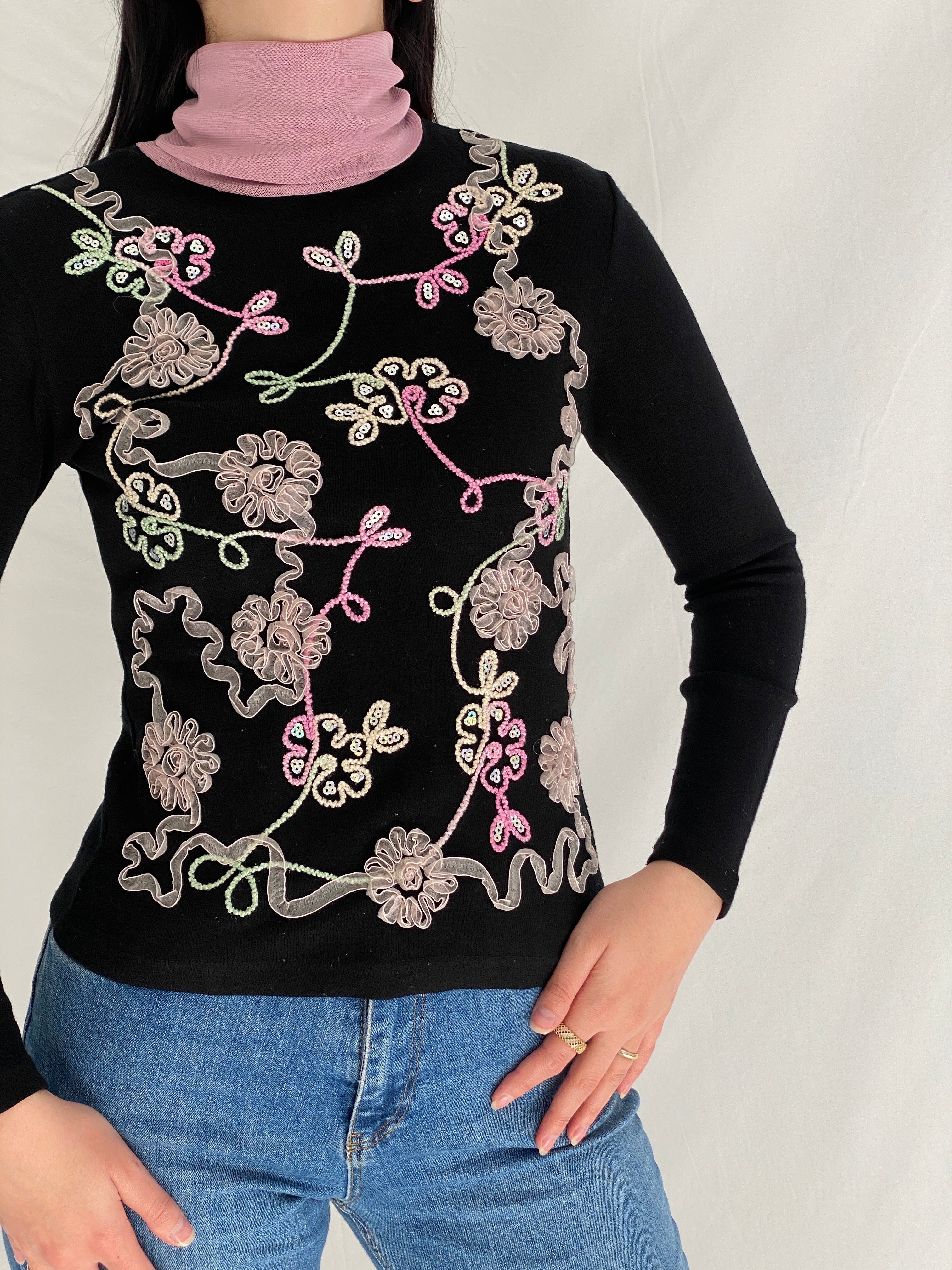 Vintage Black Floral Embroidered Pink 90s High Neck Top - S