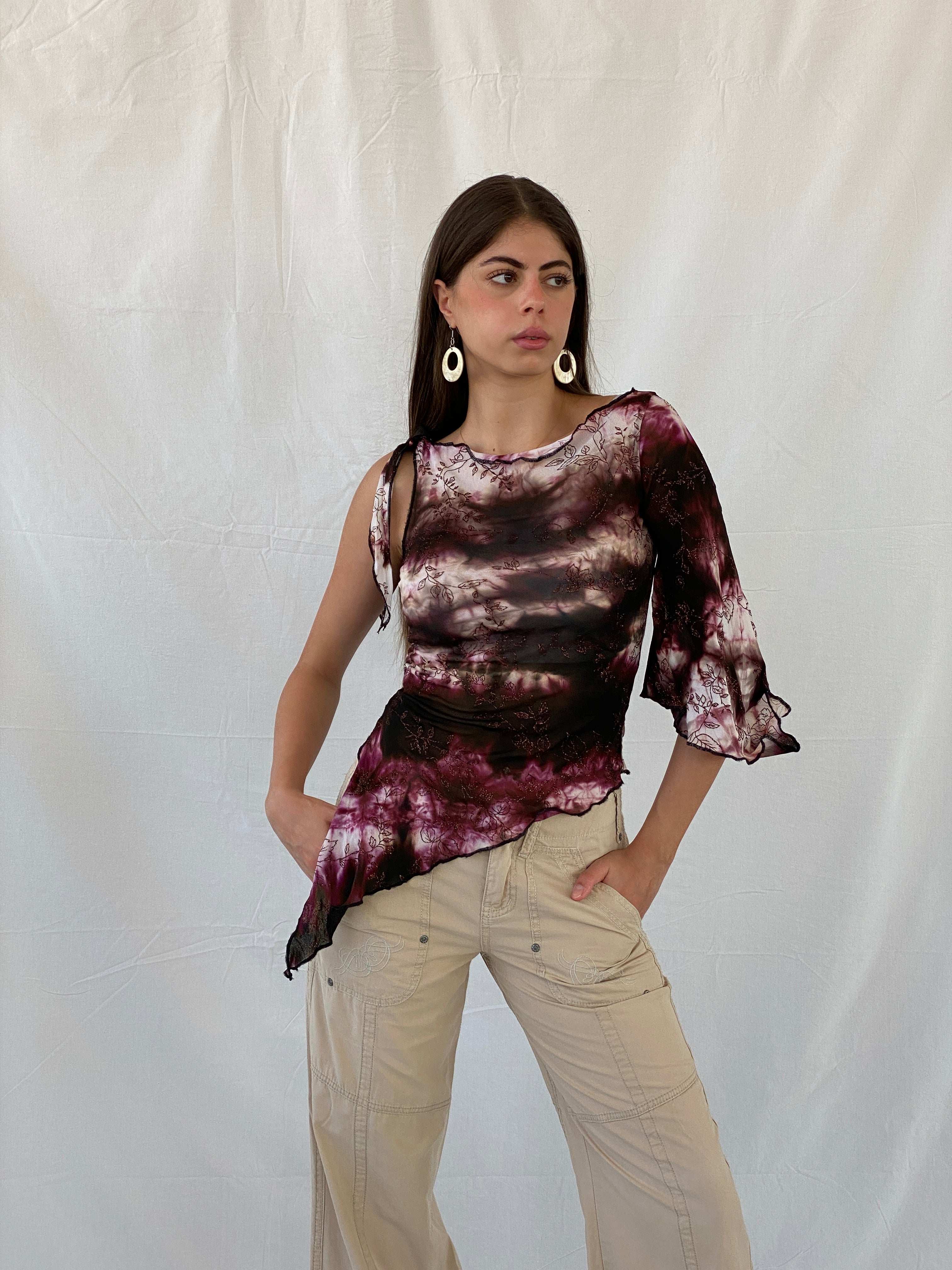 Vintage Tie Dye Shimmery Lettuce Trim Sheer Purple Top - S