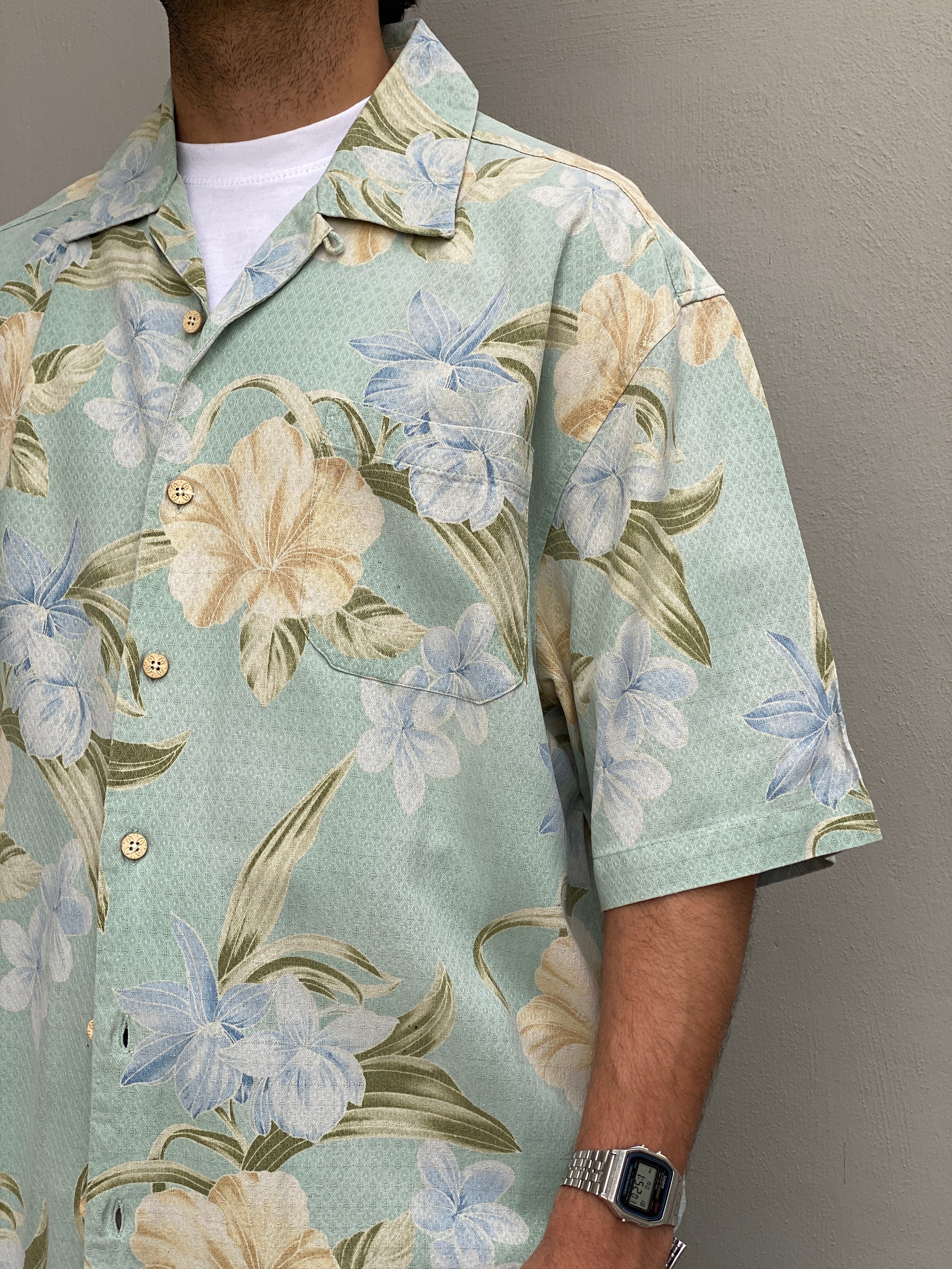 Vintage 90s Jamaica Jaxx Silk Hawaiian Shirt Mint Green Floral Tropical Resort Button Up - L