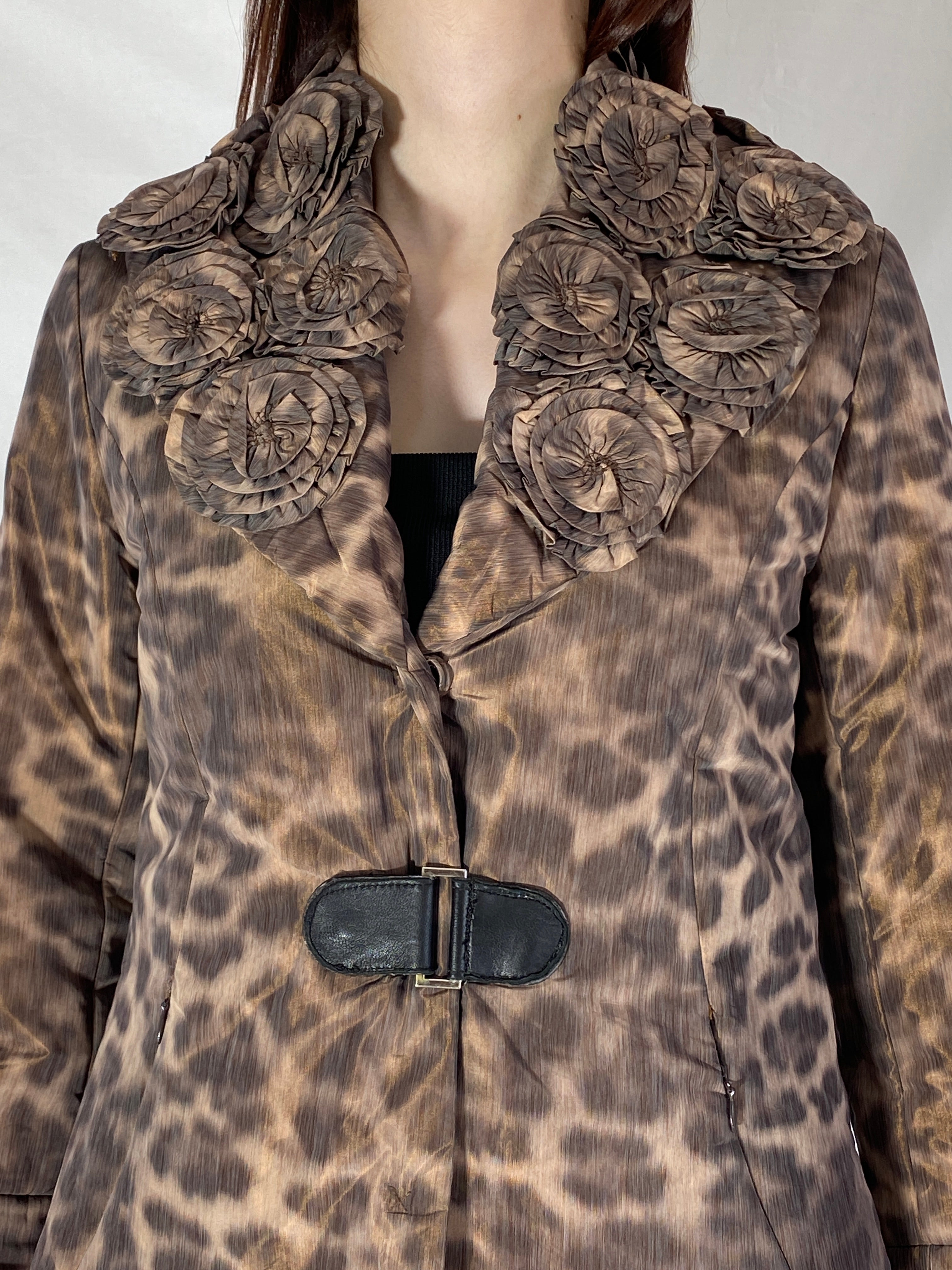 Boko Collection Brown Leopard Print Light Jacket with Floral Collar Detail - M
