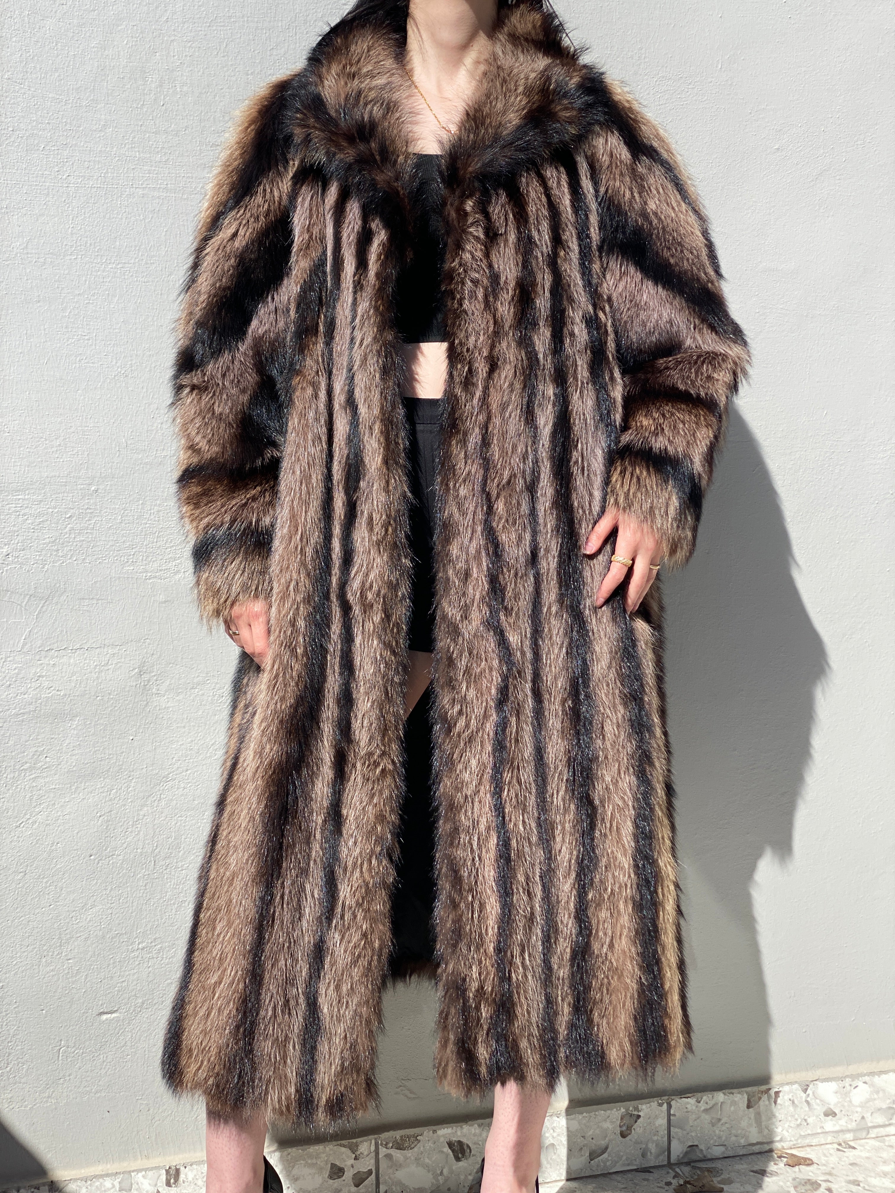 Vintage Handmade Real Raccoon Fur Brown Long Coat Luxury Statement Coat - L