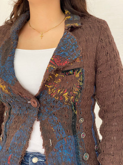 Vintage Soggo Brown Boho Knit Button-Up Cardigan Jacket – M
