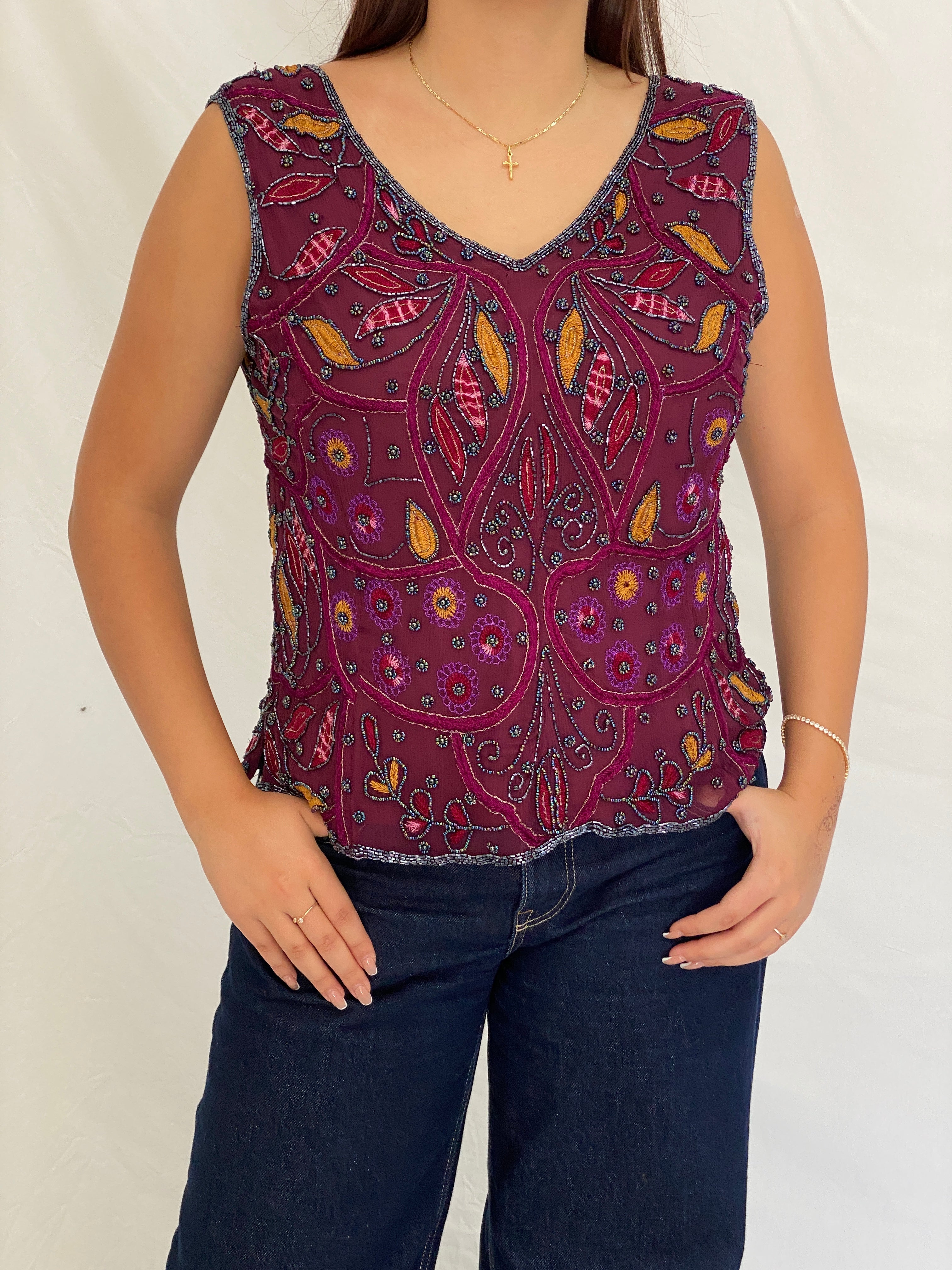 Vintage Beaded Embroidered Burgundy Handmade Evening Top - L
