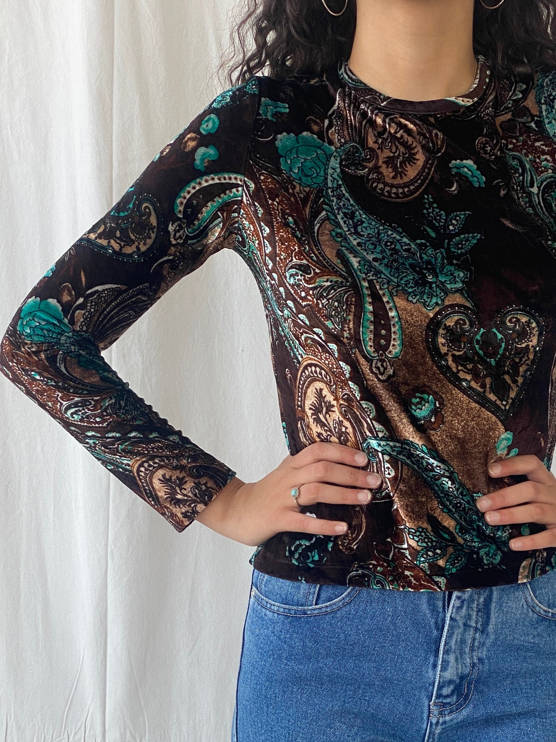 Vintage Y2K Plaka Paisley Print Velvet Full Sleeve Women’s Top - S