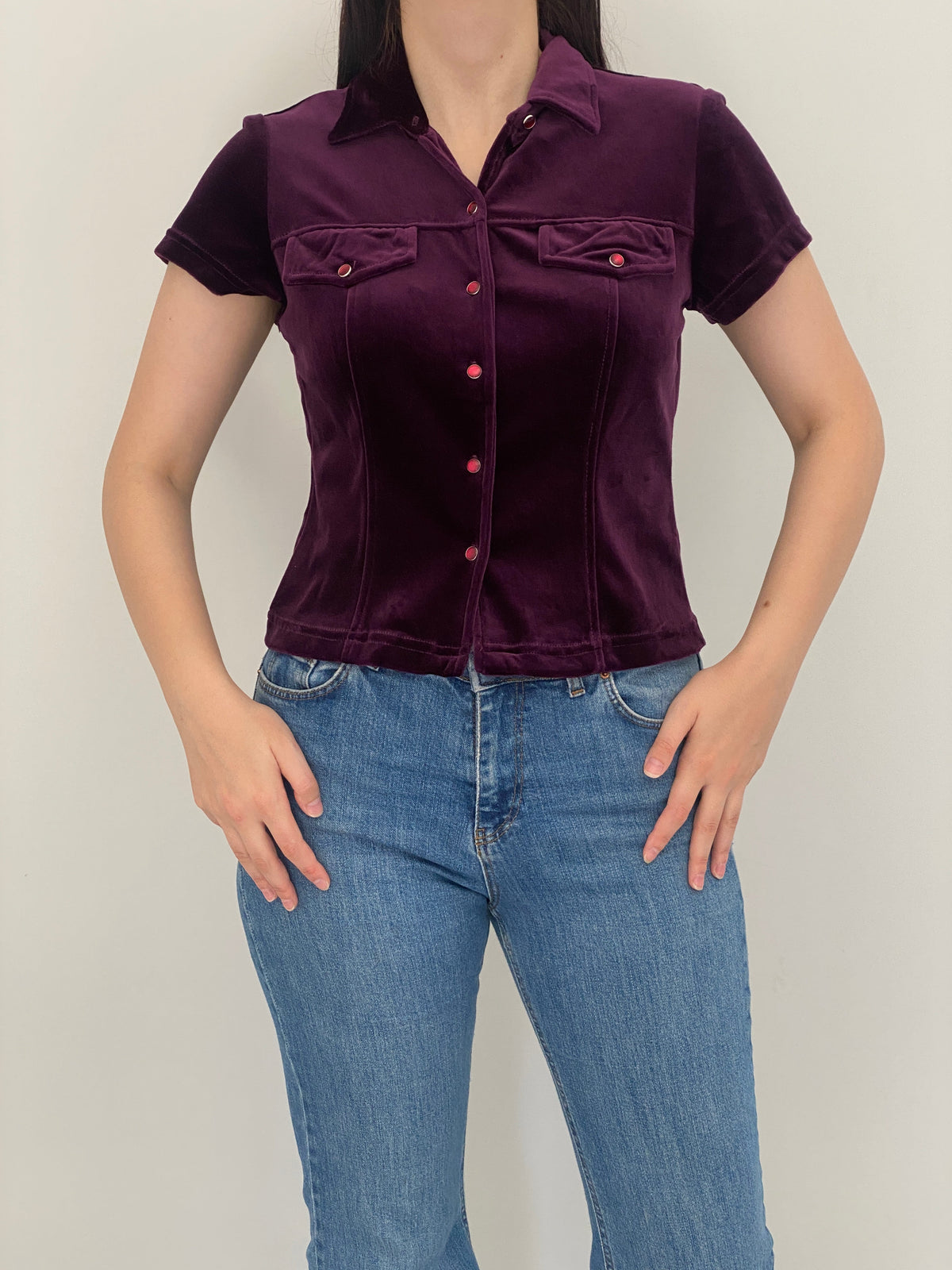 Vintage Y2K Judy Knapp Deep Purple Velvet Western Snap Shirt - M