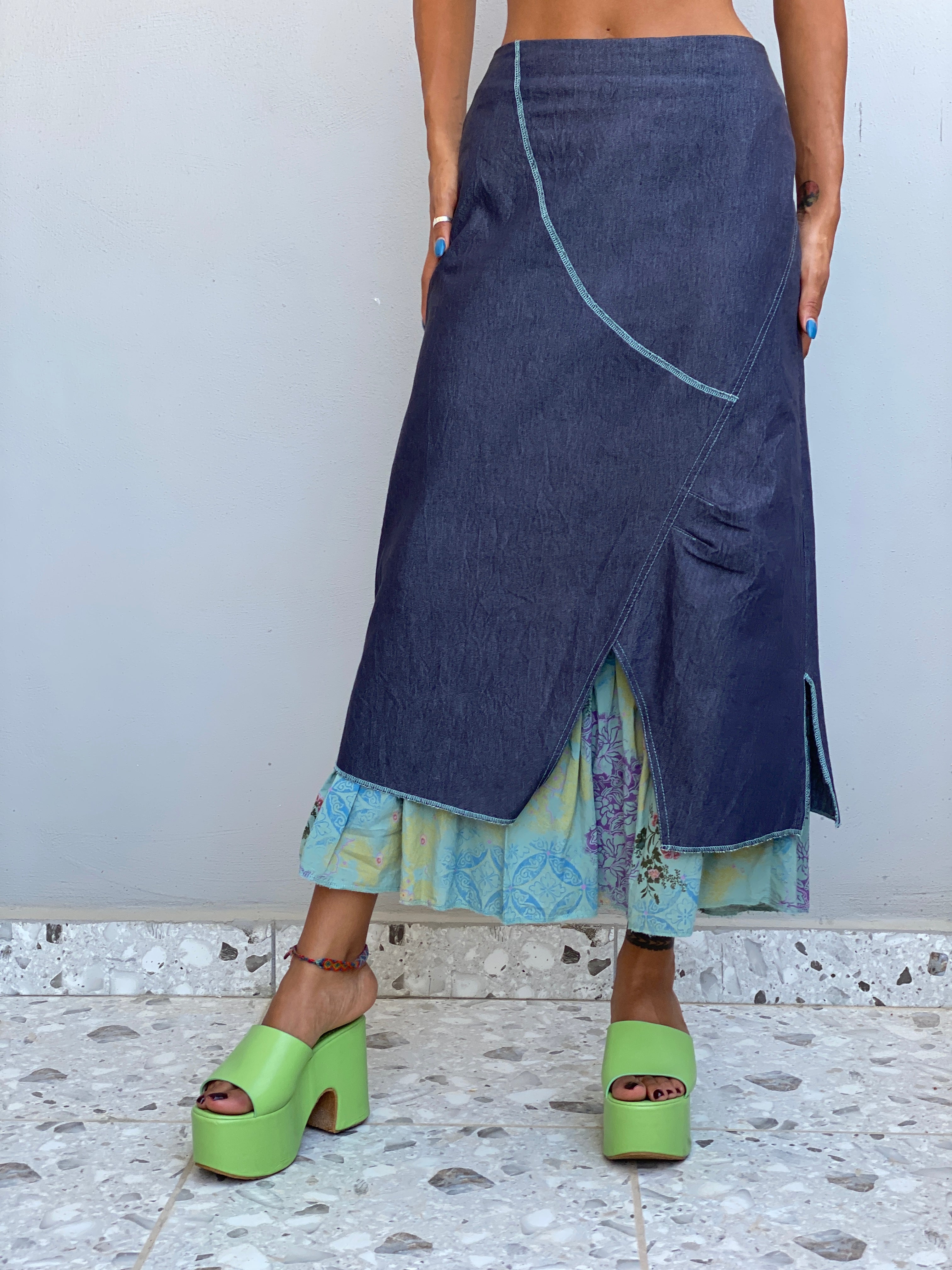 Vintage Y2K Renato Bene Paris Chambray Overlay Floral Midi Skirt Asymmetrical Layered Boho Skirt - S