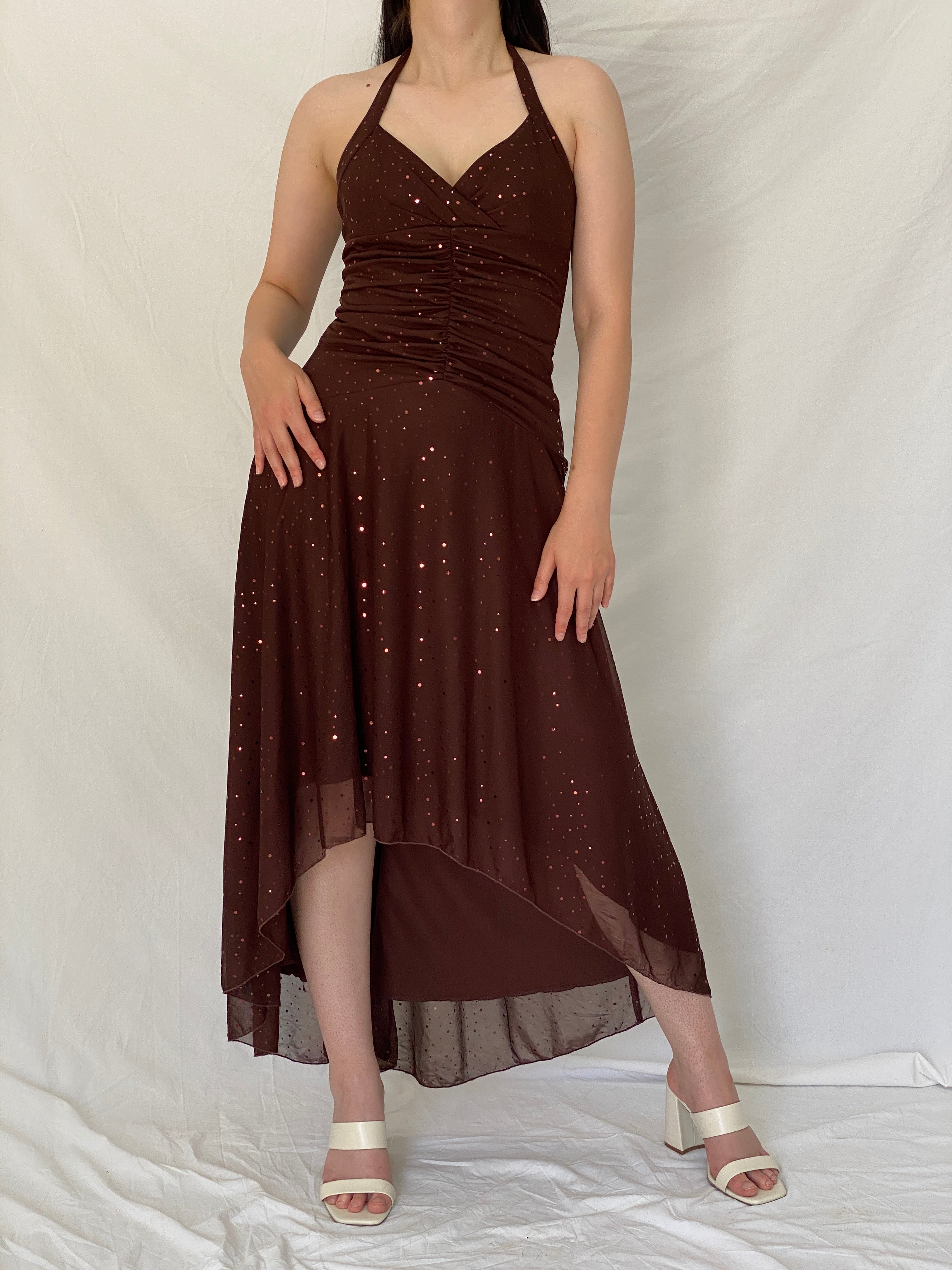 Vintage Y2K City Triangles Chocolate Brown Sequin Ruched Halter High-Low Maxi Dress - M