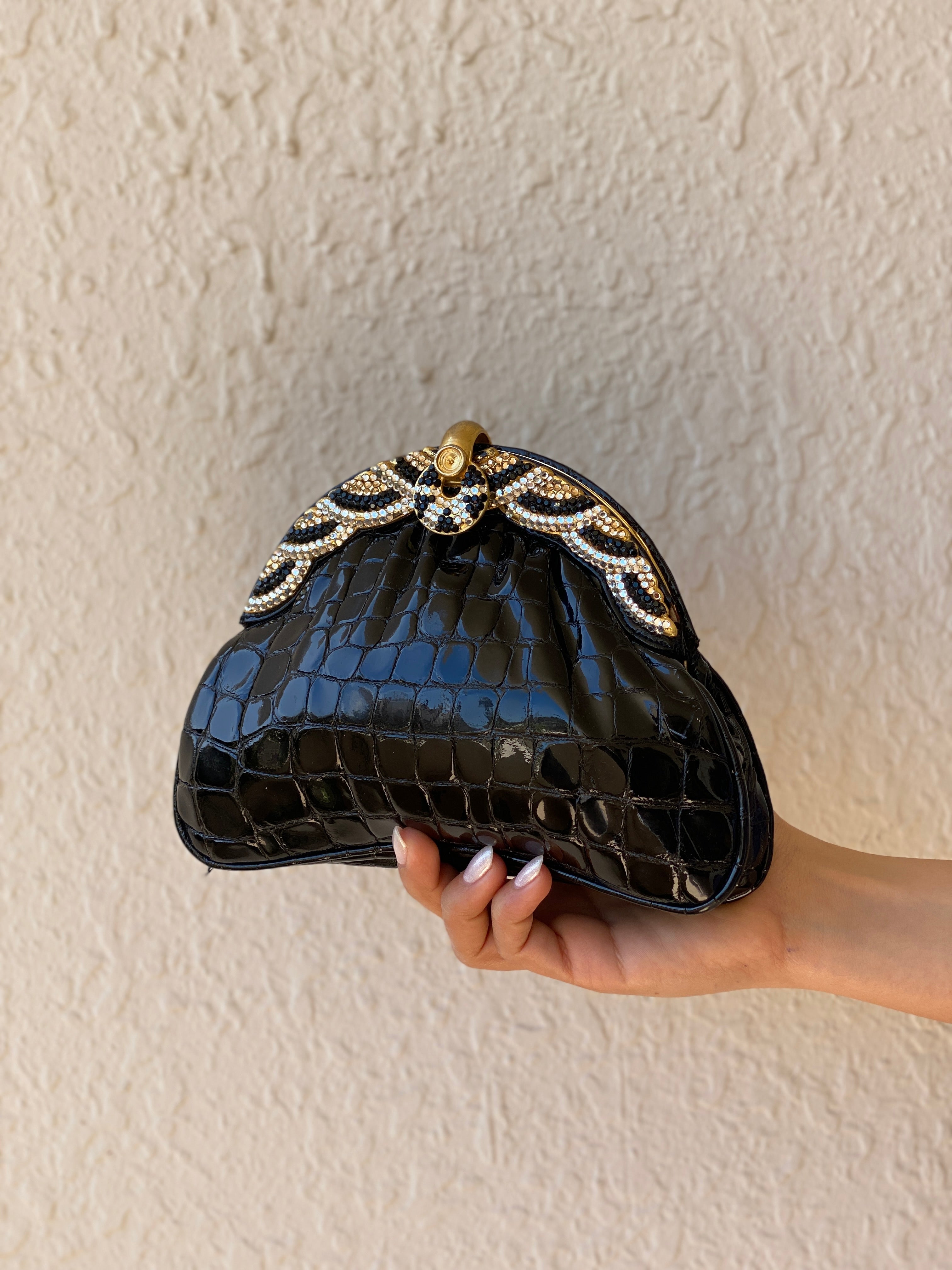 Vintage 1980s Black Croc Embossed Patent Rhinestone Bow Frame Gold Chain Evening Bag