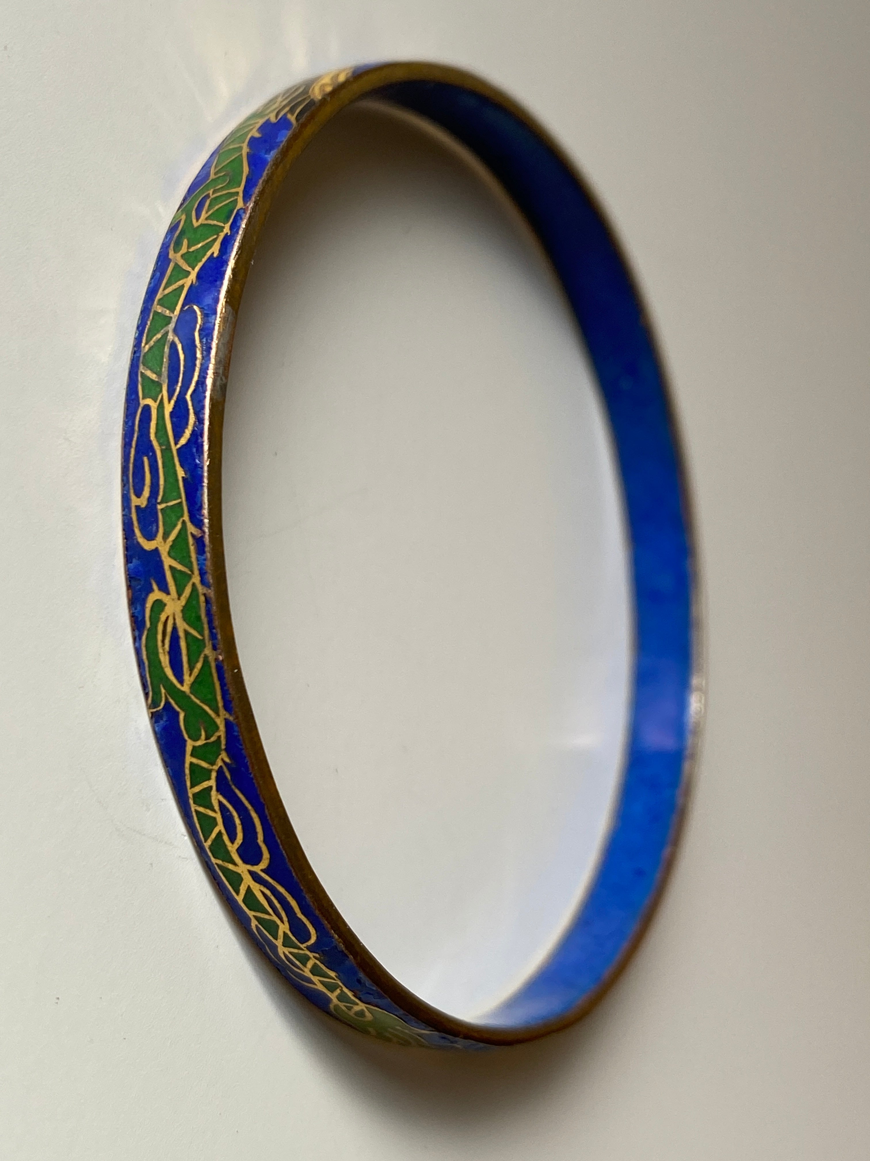 Vintage Blue Cloisonné Enamel Bangle Bracelet Gold Tone Floral Asian Style