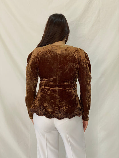 Vintage GEORGEDÉ Paris Brown Crushed Velvet Top Puff Sleeve Wrap Ruched Blouse - M