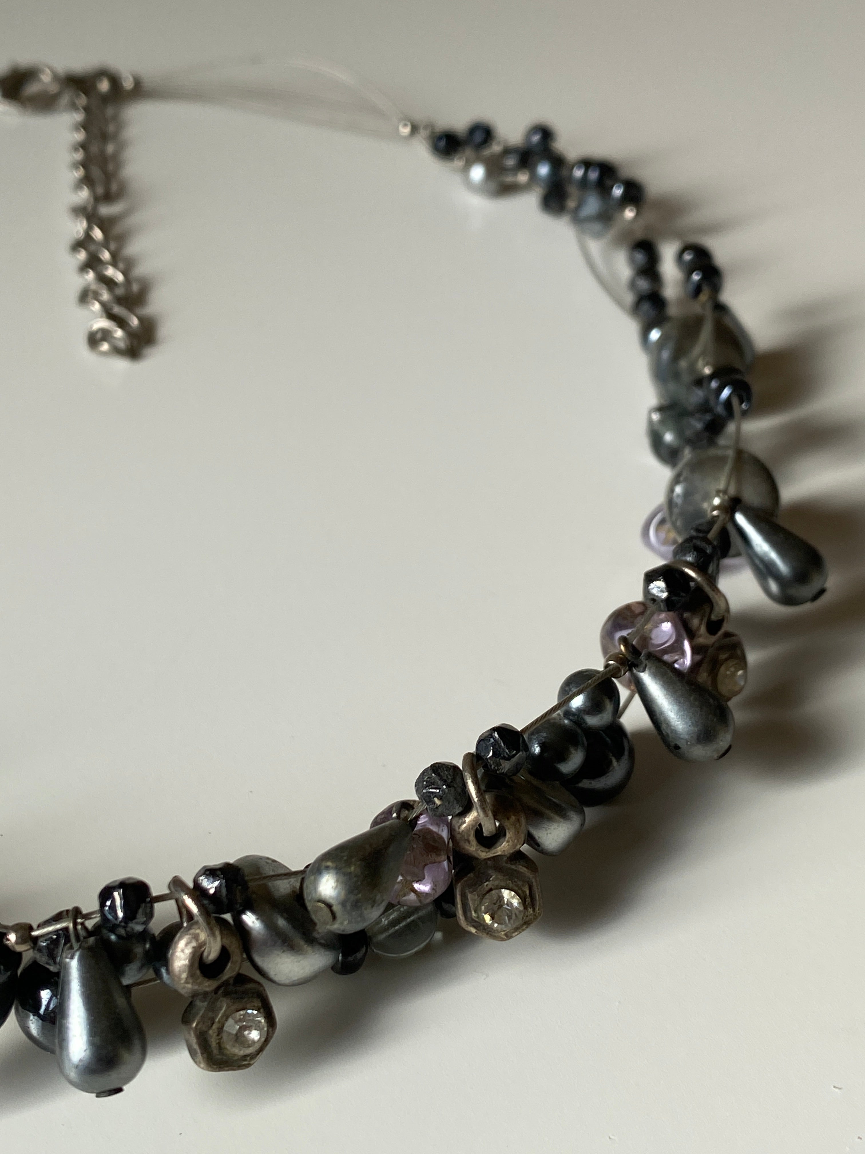 Vintage Black & Grey Pearl Beaded Necklace with Crystal Accents