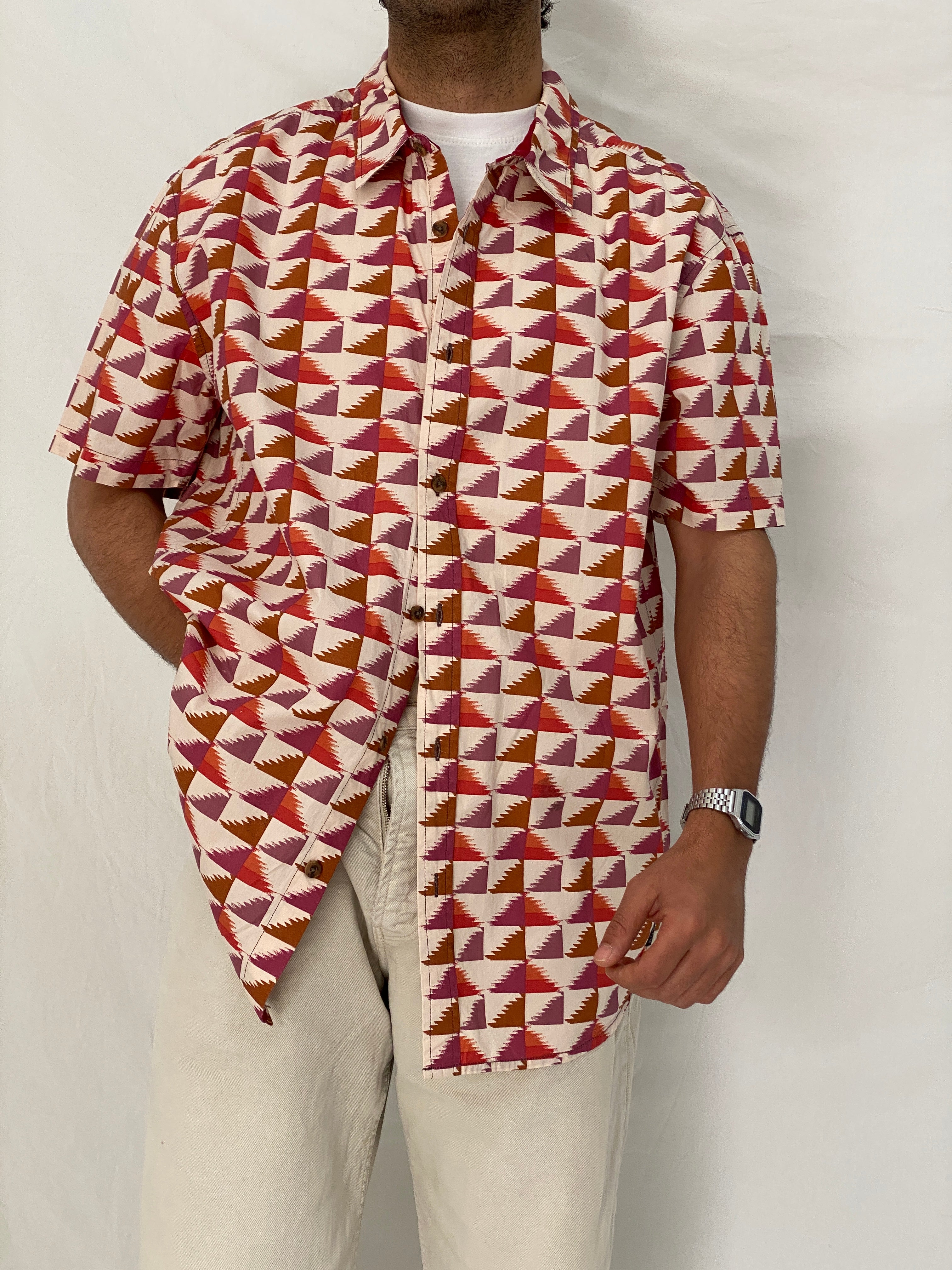 Prana Geometric Print Cotton Red Pink Abstract Short Sleeve Shirt – XL