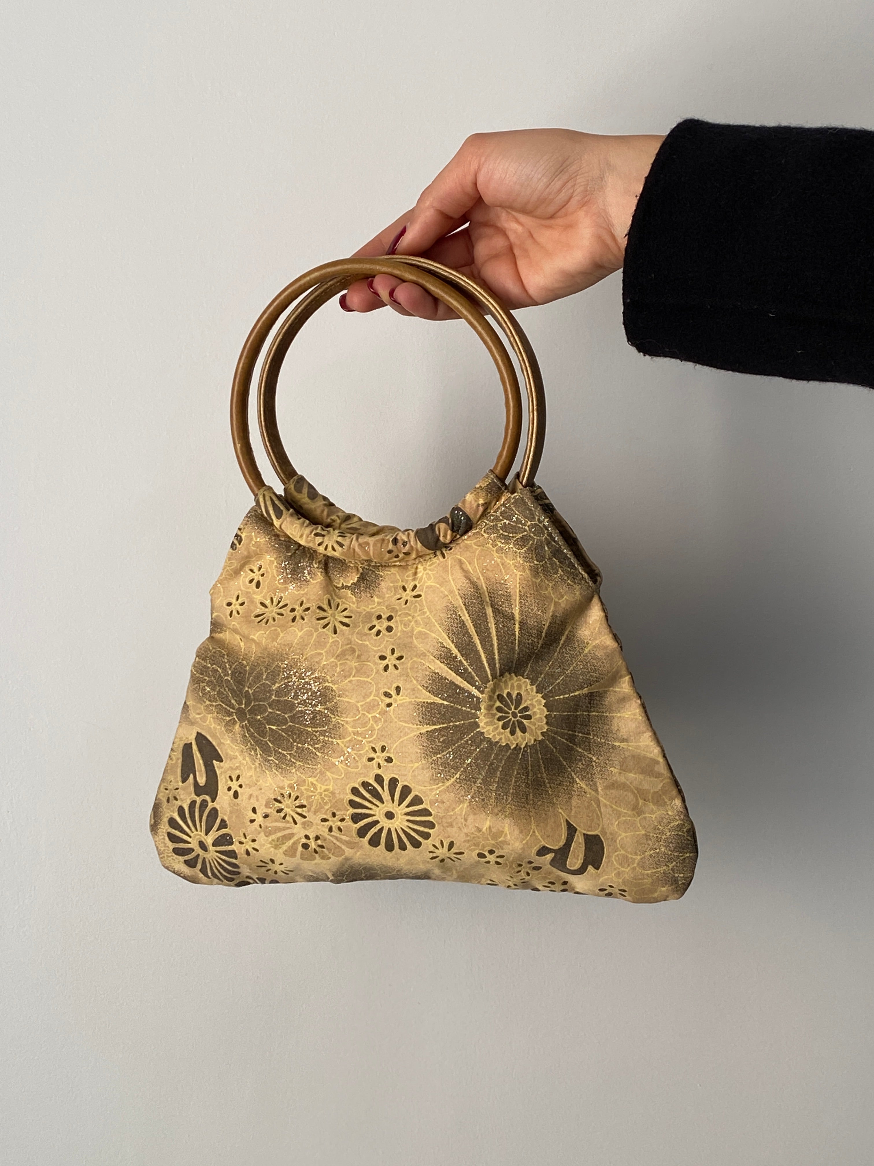 Vintage Y2K Mini Floral Embellished Handbag with Wooden Handles