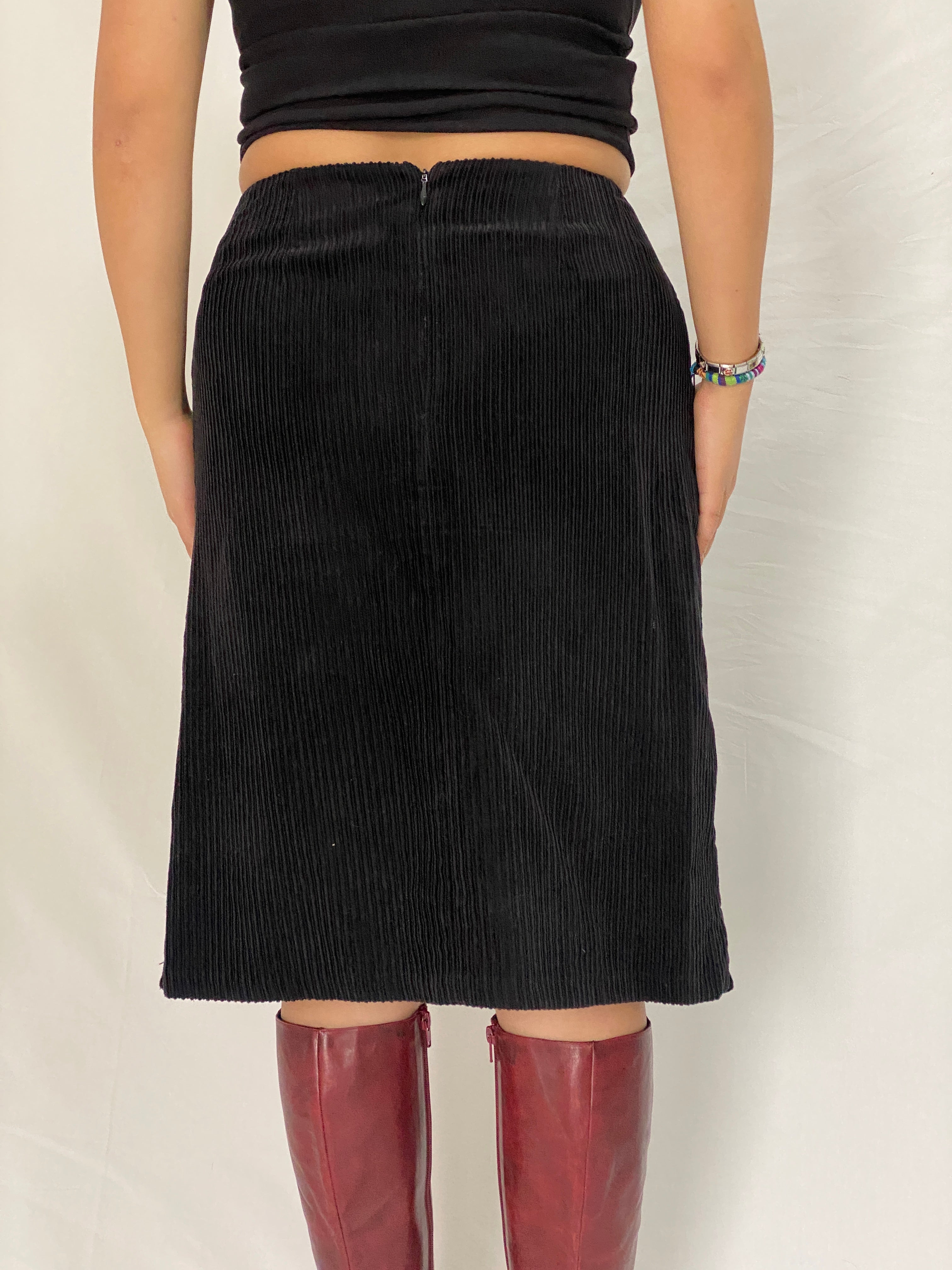 Vintage 90s Miss Etam Black Corduroy Lace-Up Waist Midi Skirt – M