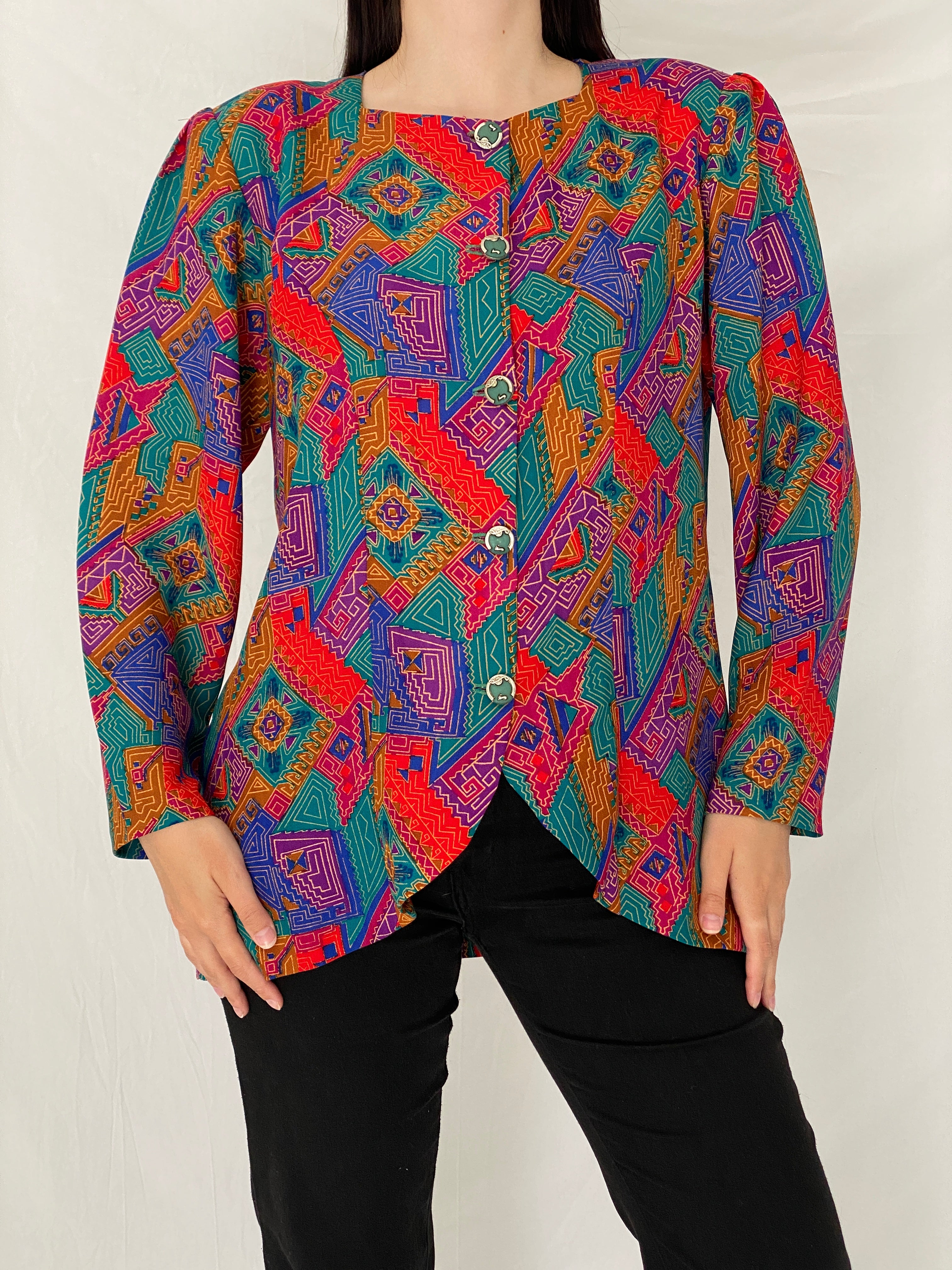 Vintage 90s Handmade Tribal Pop Statement Blazer Multicolor Geometric Art Jacket – L