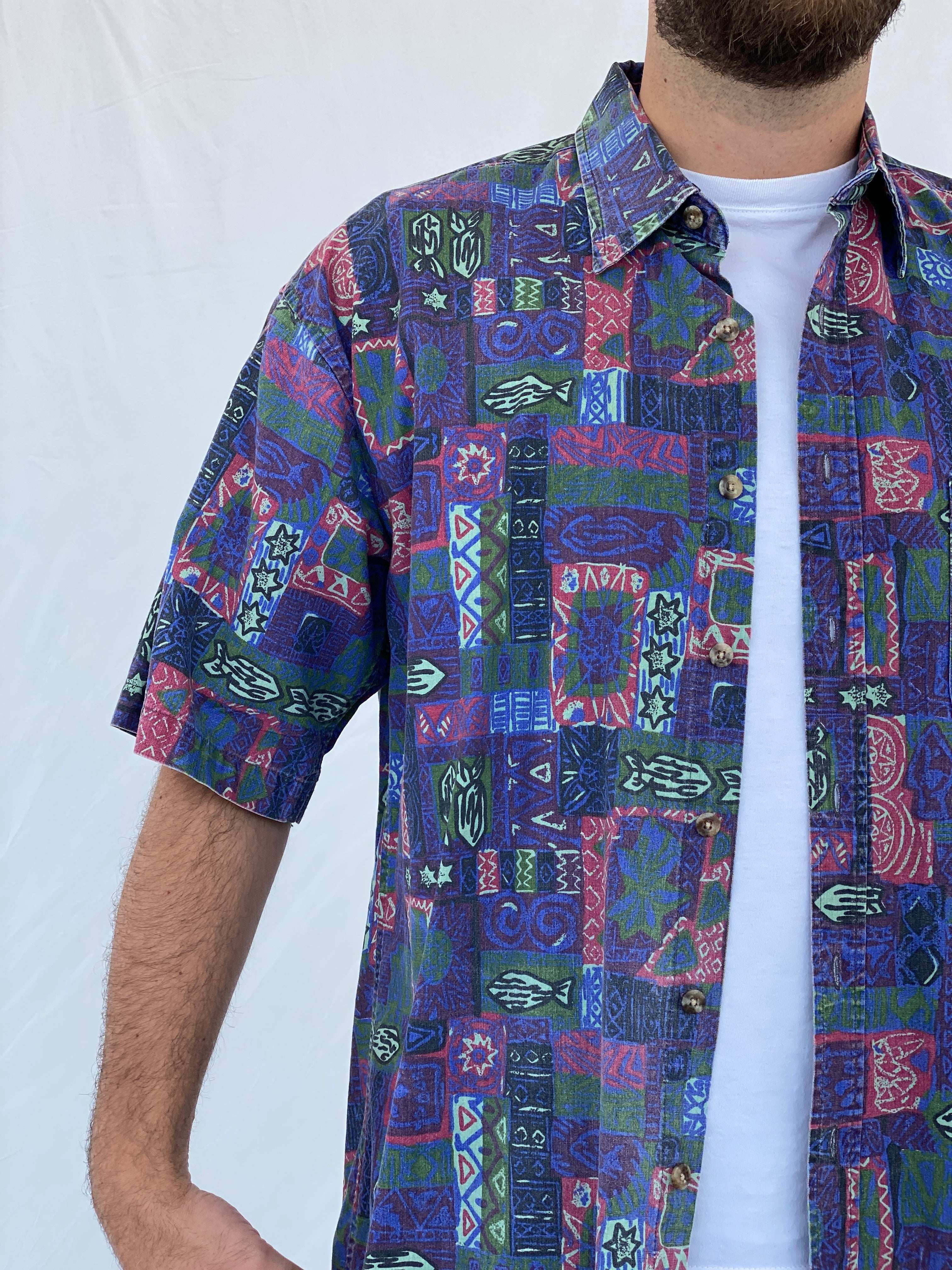 Vintage American Blue Printed Purple Short-Sleeve Cotton Shirt - L - Balagan Vintage Half Sleeve Shirt 90s, half sleeve shirt, Iyad, mens shirt, NEW IN, printed shirt