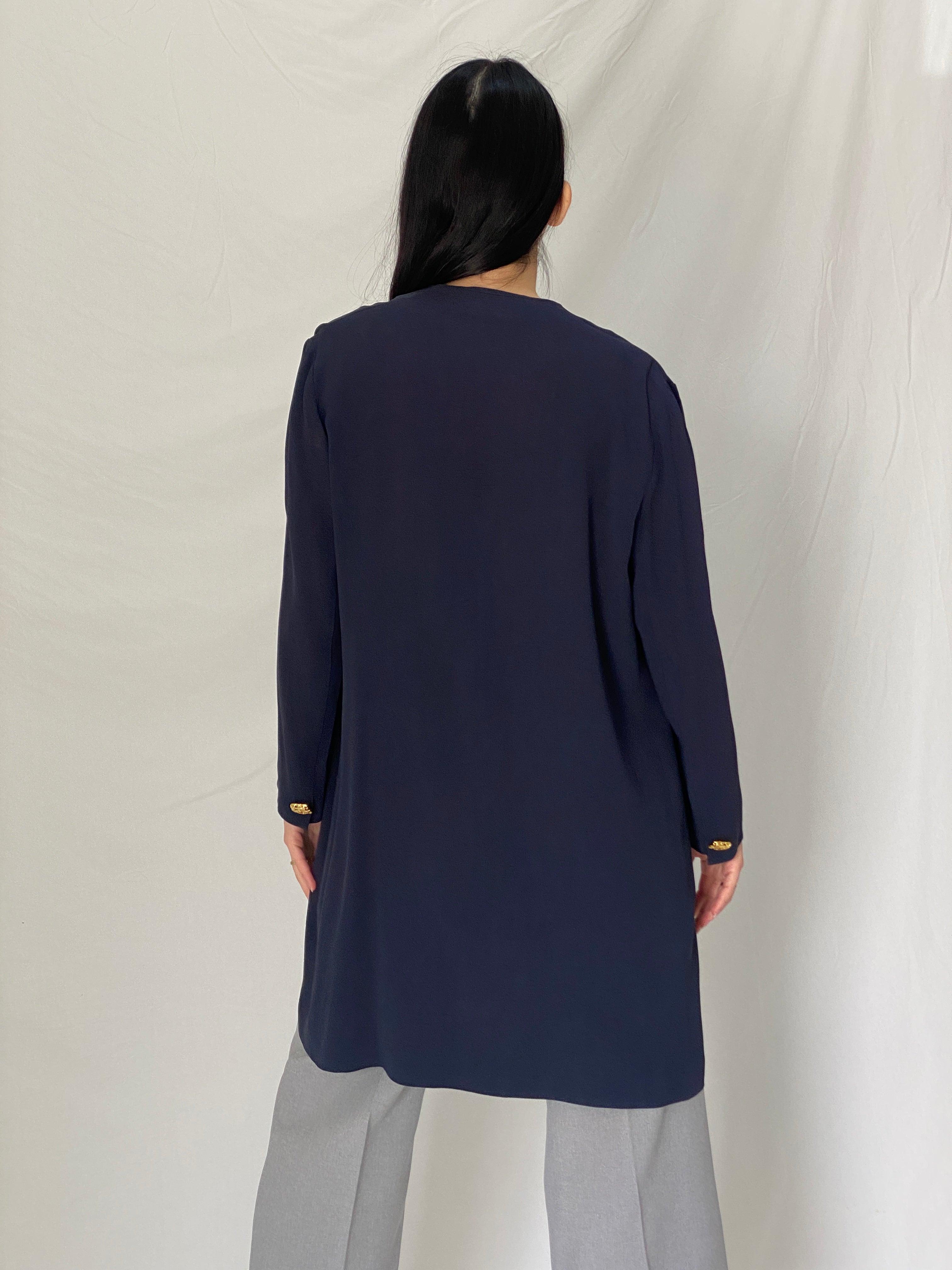 Vintage Donna Moda Navy Longline Minimalist Cardigan with Gold Buttons - L
