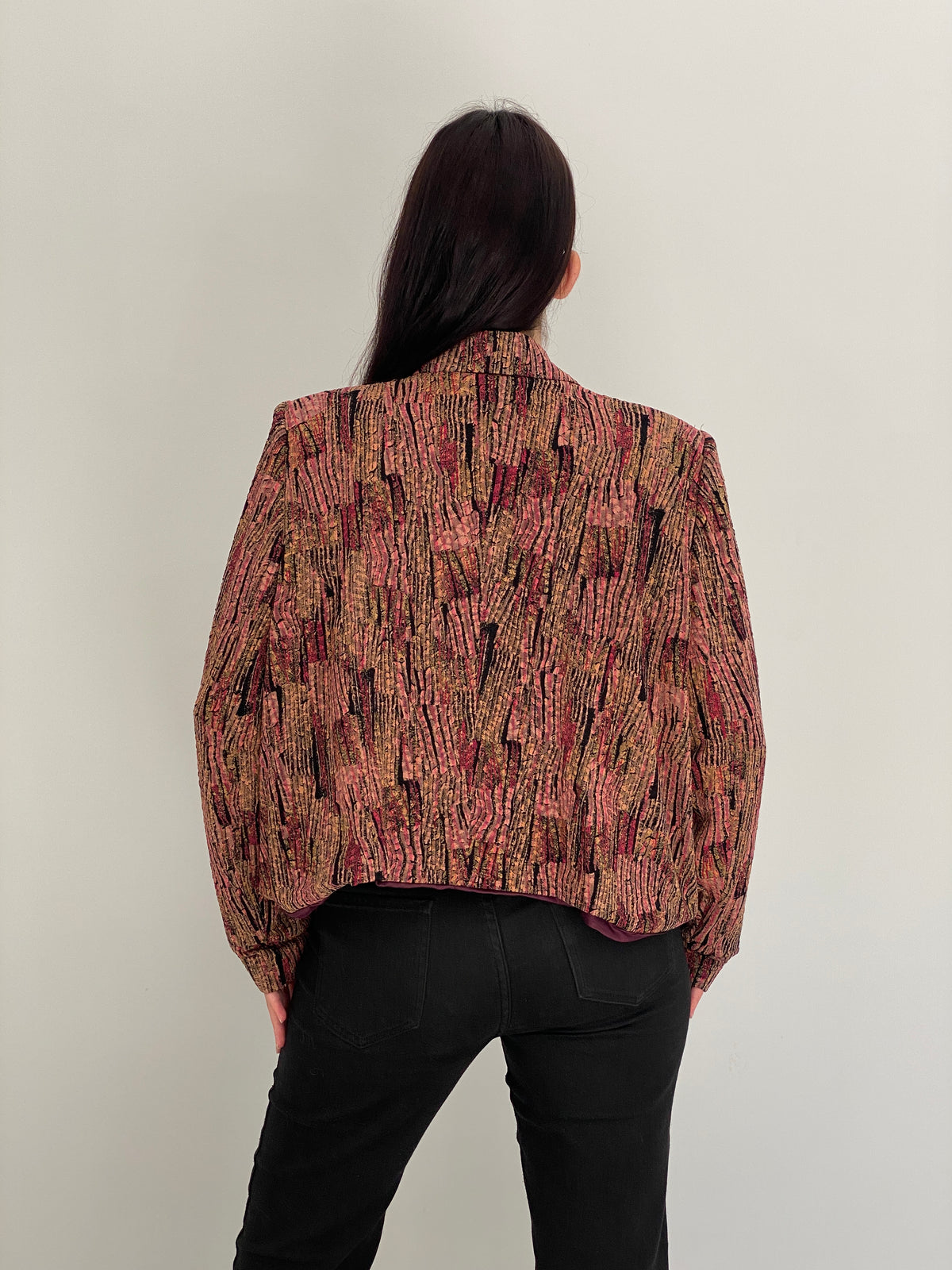 Vintage Pink & Brown Textured Abstract Print Cropped Blazer - L