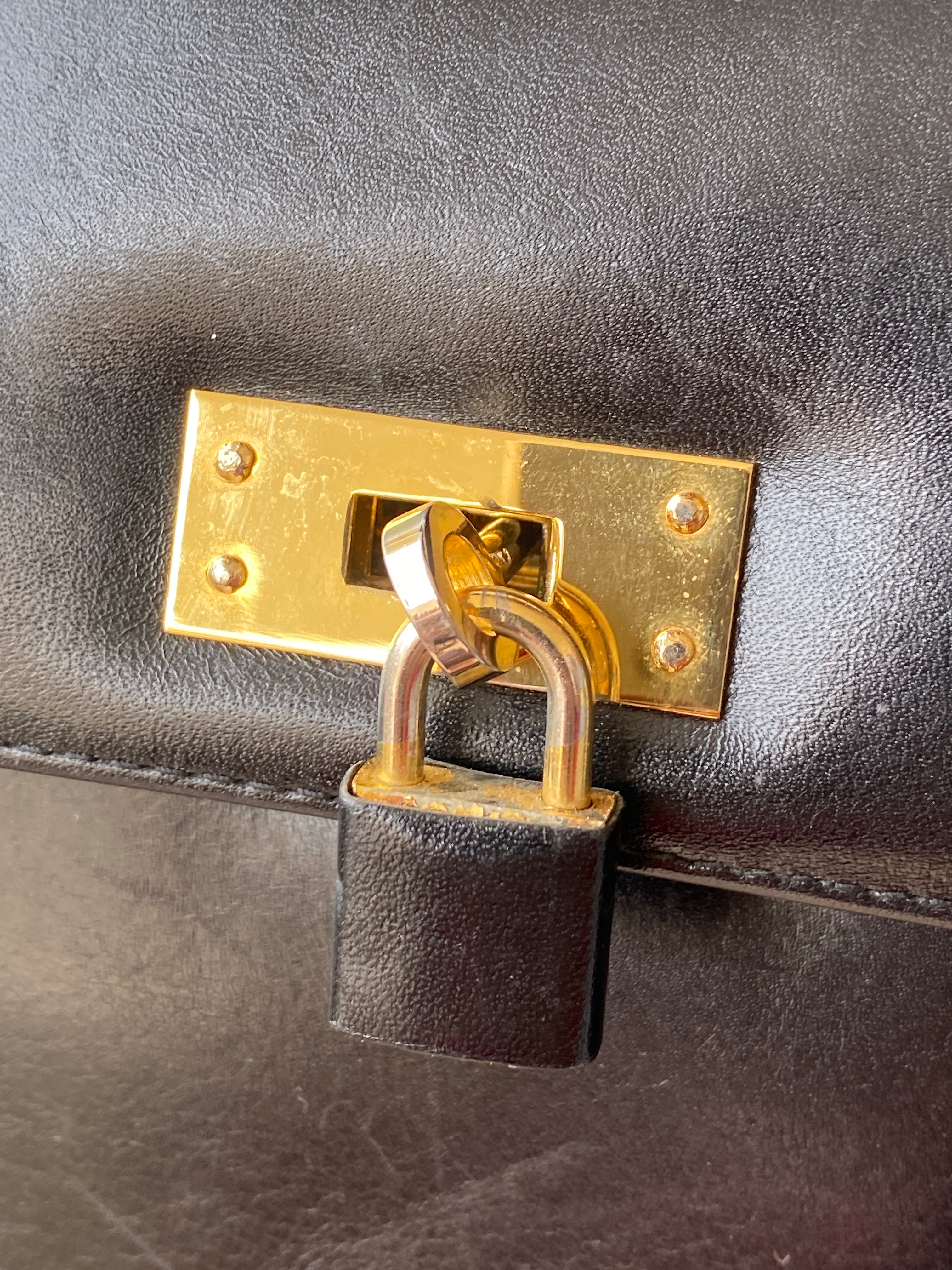 Vintage 1960s-1970s Susan Gail Structured Black Leather Kelly Bag Gold Turn Lock Top Handle