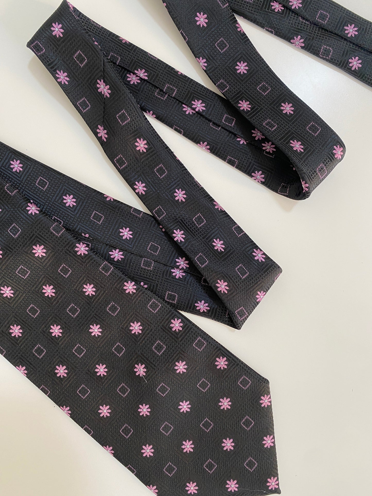 Vintage Silk Land Black with Pink Floral Geometric Pattern Tie