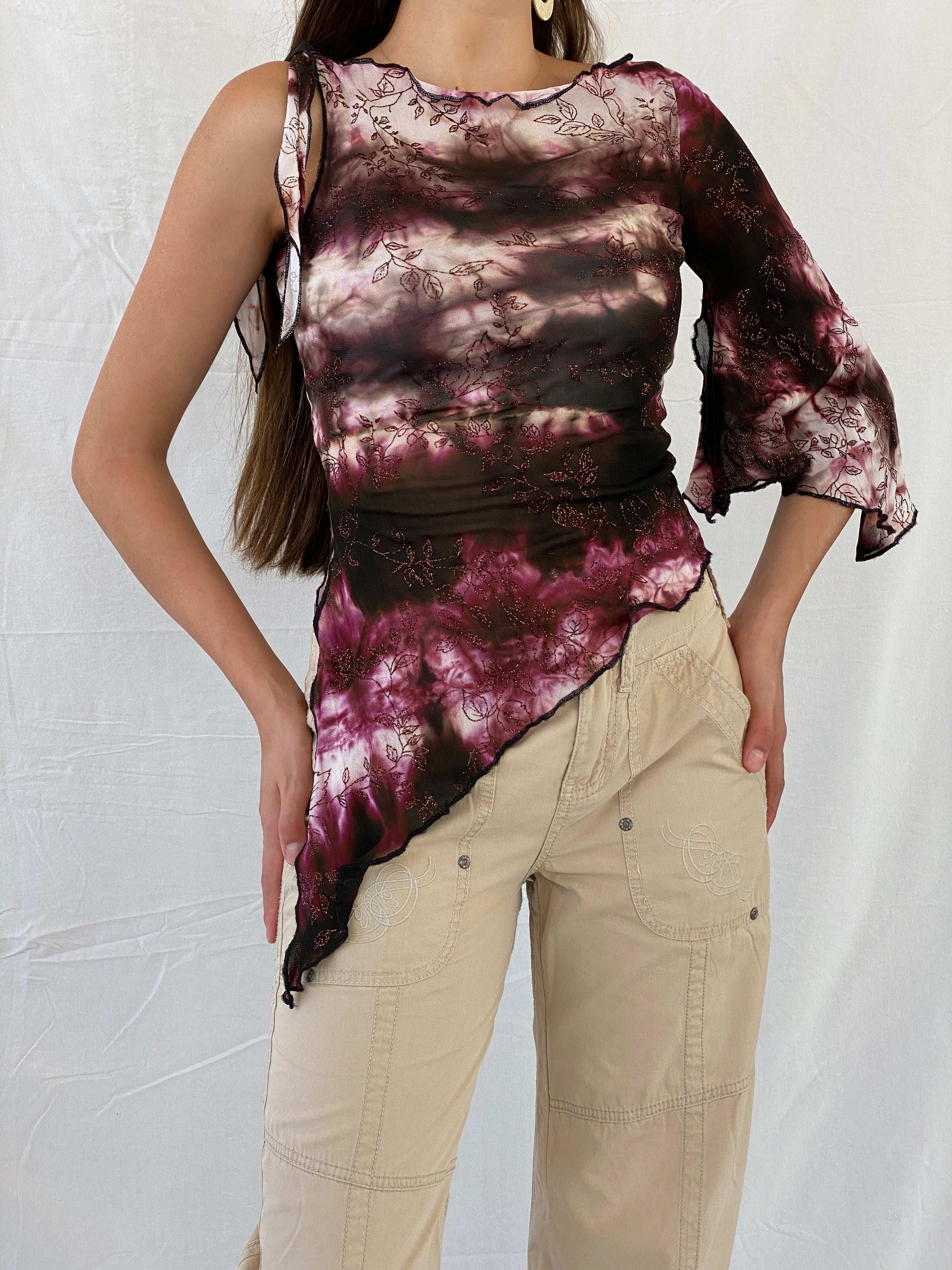 Vintage Tie Dye Shimmery Lettuce Trim Sheer Purple Top - S