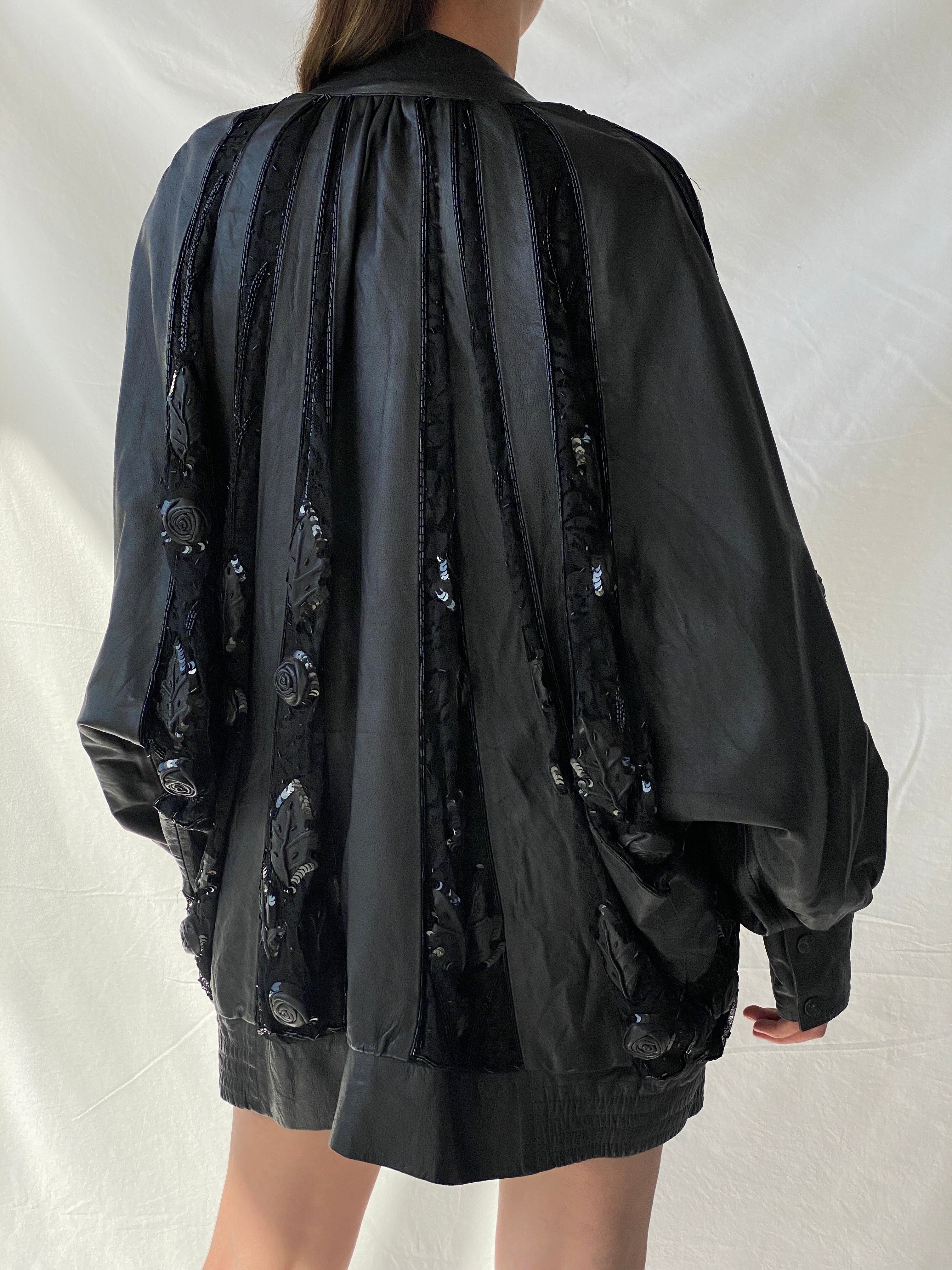 Statement Vintage 80s Black Leather Beaded Bomber Jacket - XL