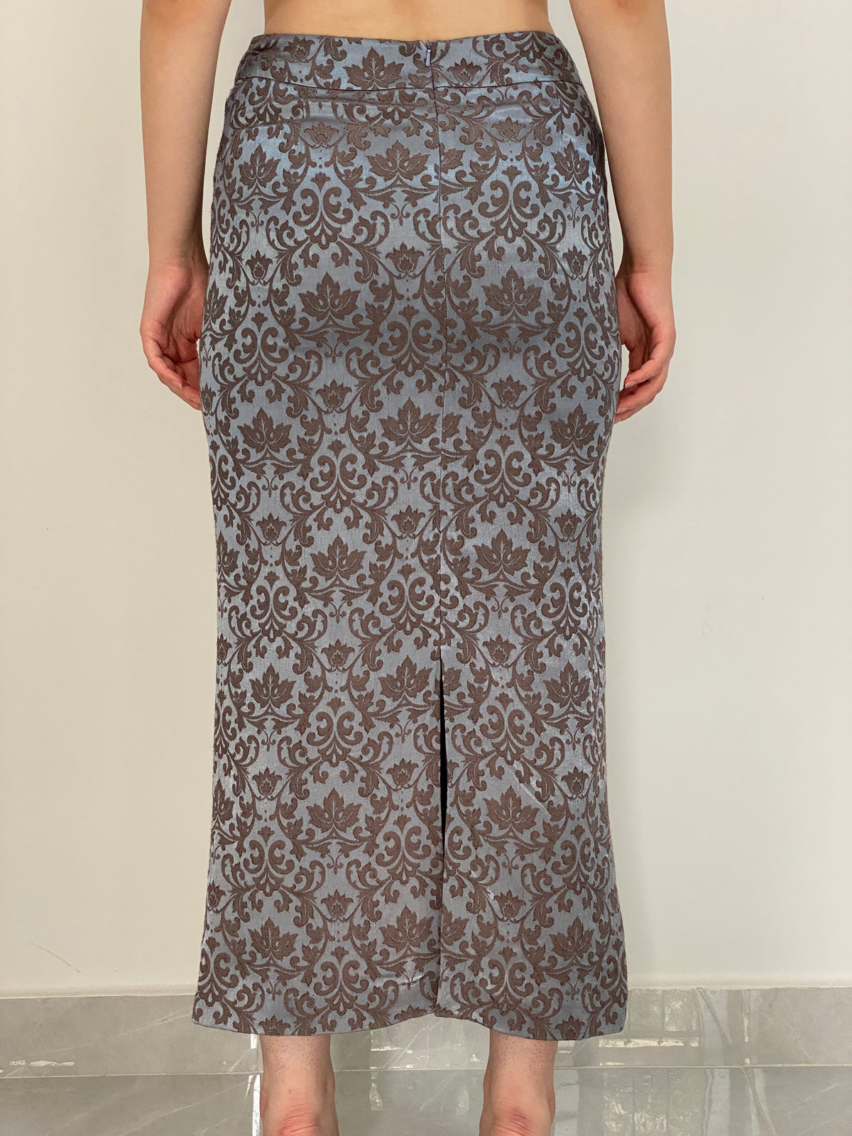 Vintage 90s Karen Millen Metallic Blue Grey Floral Jacquard Maxi Skirt – M