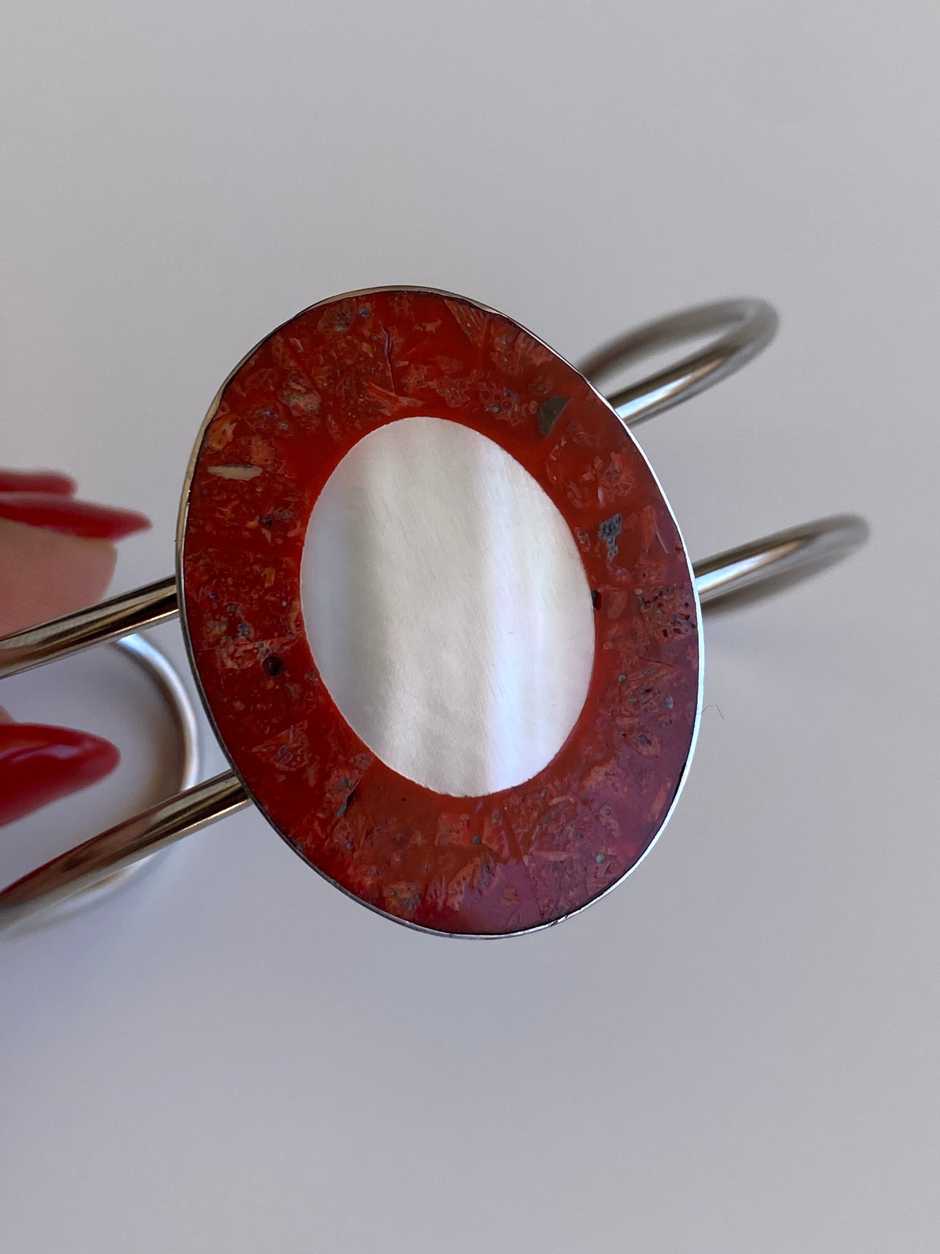 Vintage Modernist Red Resin Inlay Silver-Tone Open Arm Cuff Bracelet