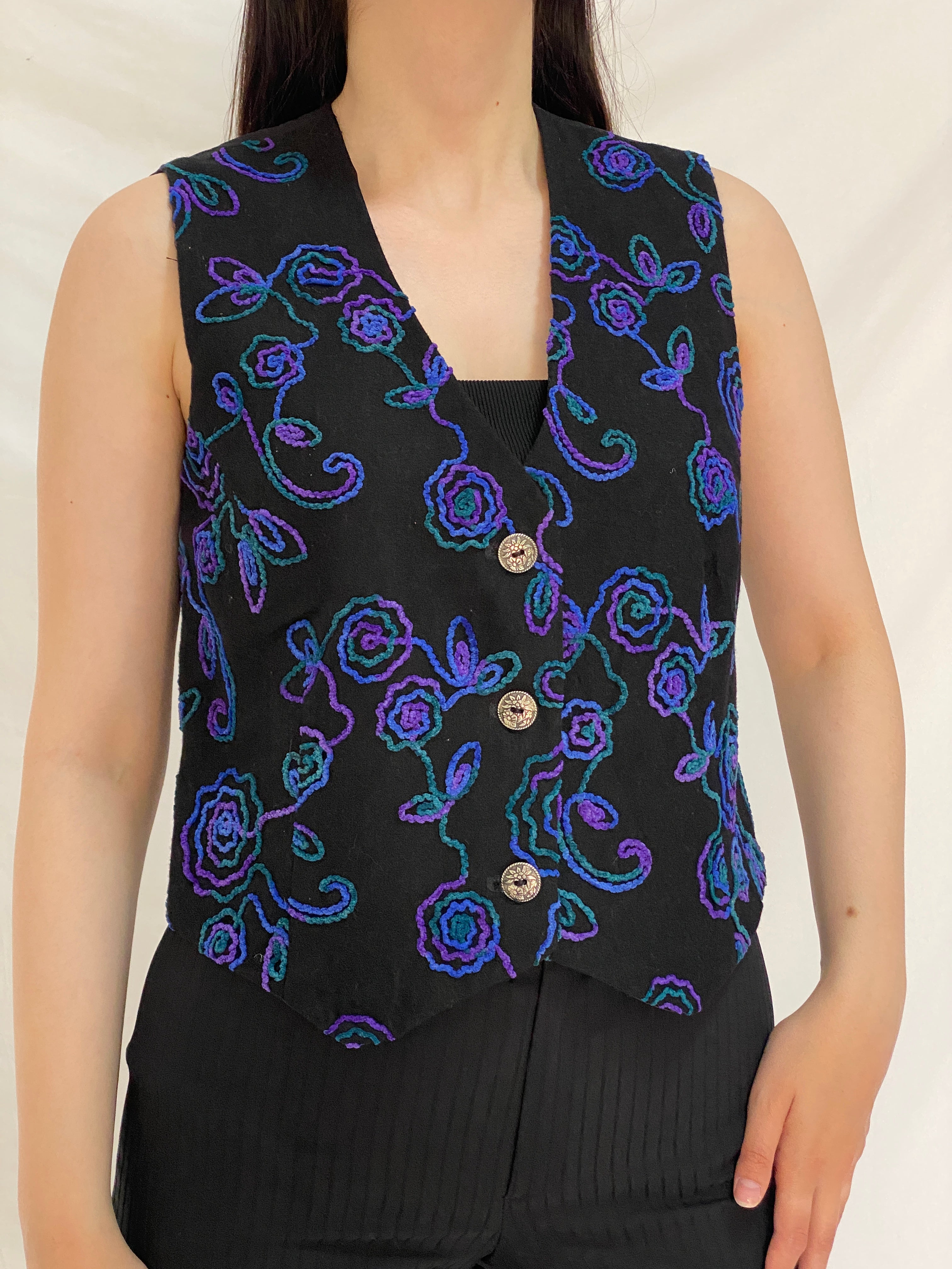 Vintage Embroidered Wool Blend Floral Vest Black Purple Boho Button Waistcoat – M