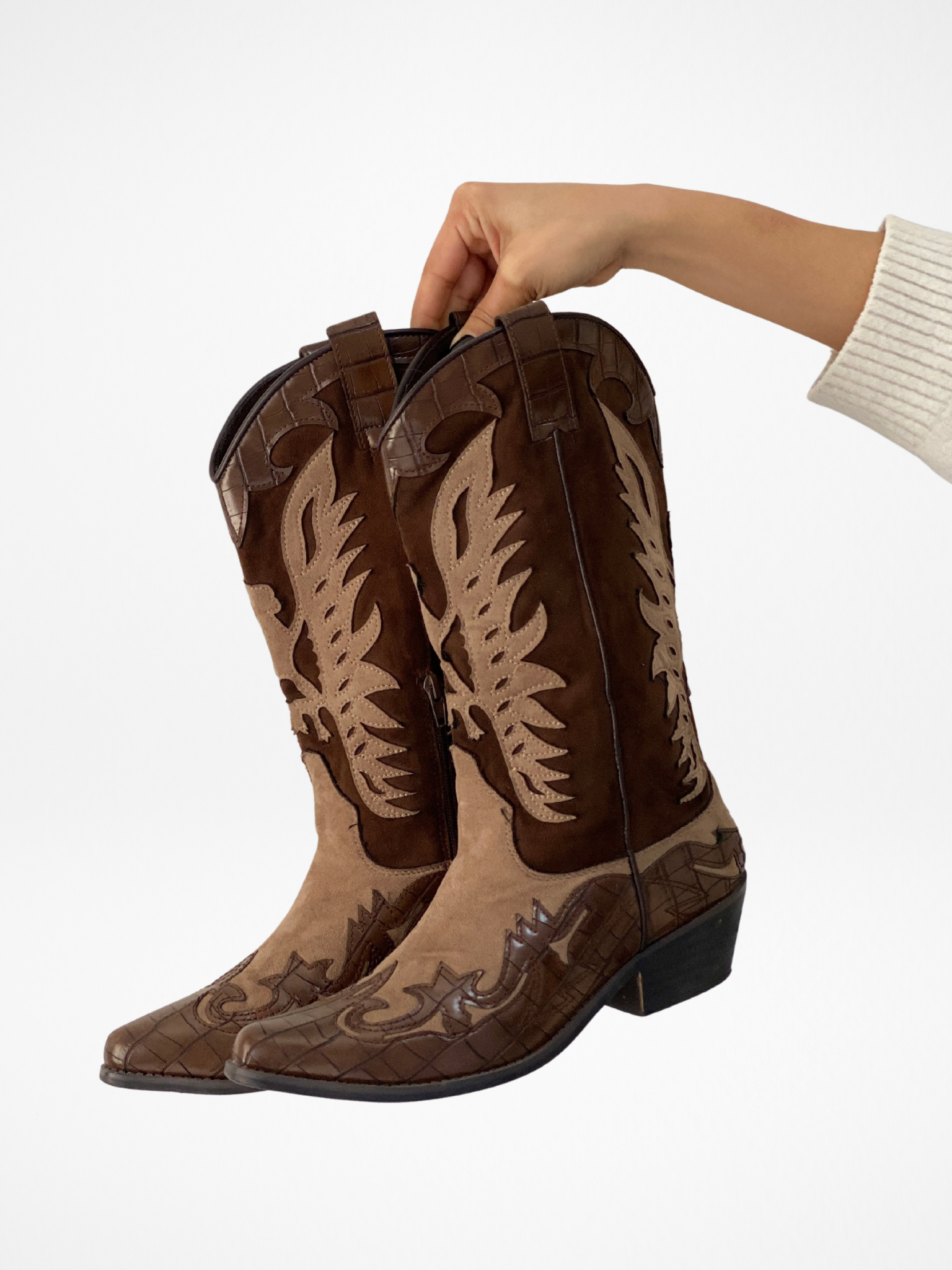 Corina Western Cowboy Boots Brown Croc Embossed & Suede Statement Festival Boots - EU 41