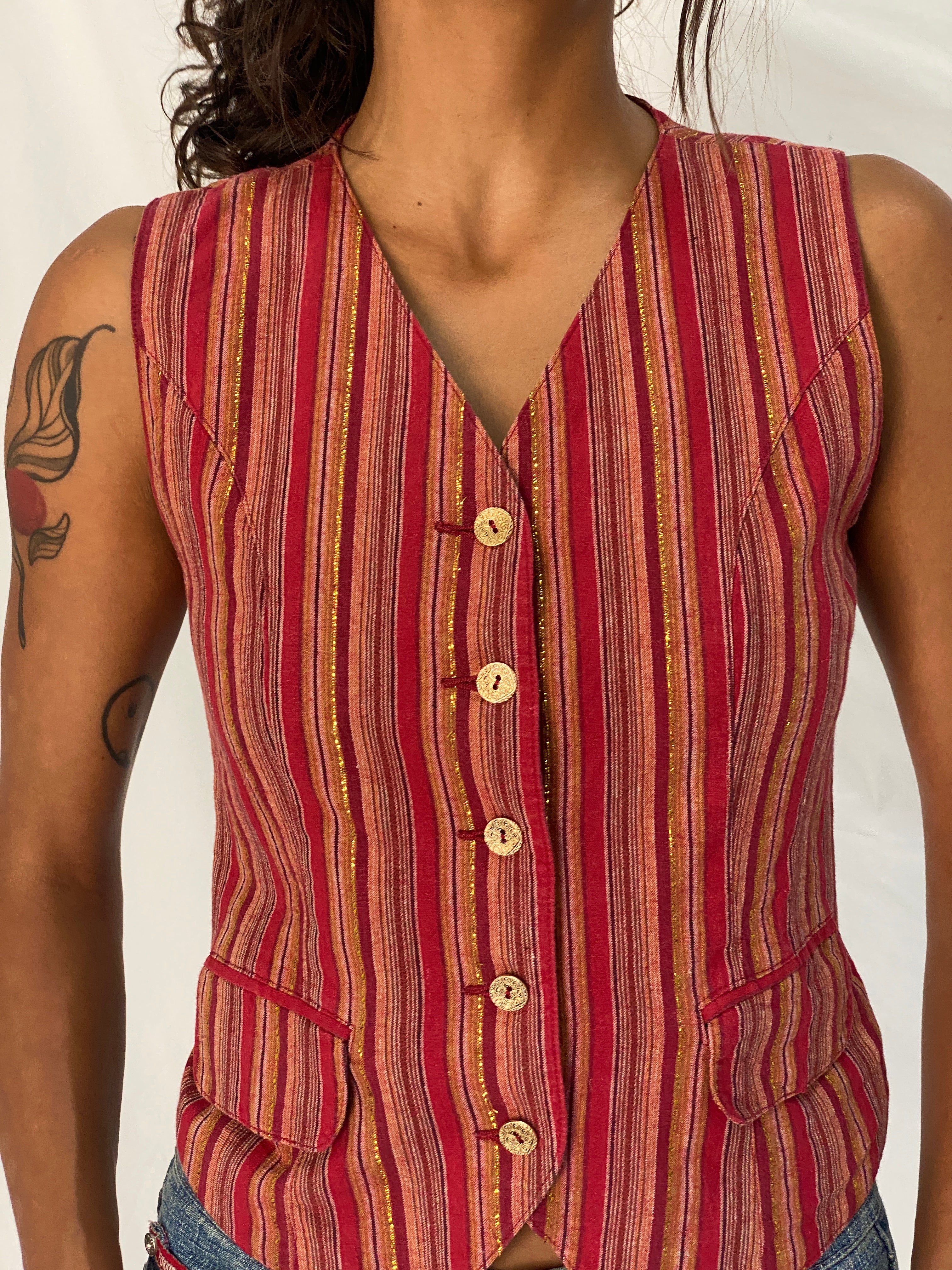 Vintage Y2K Petite Sophisticate Red Metallic Striped Cotton Blend Waistcoat Vest - S