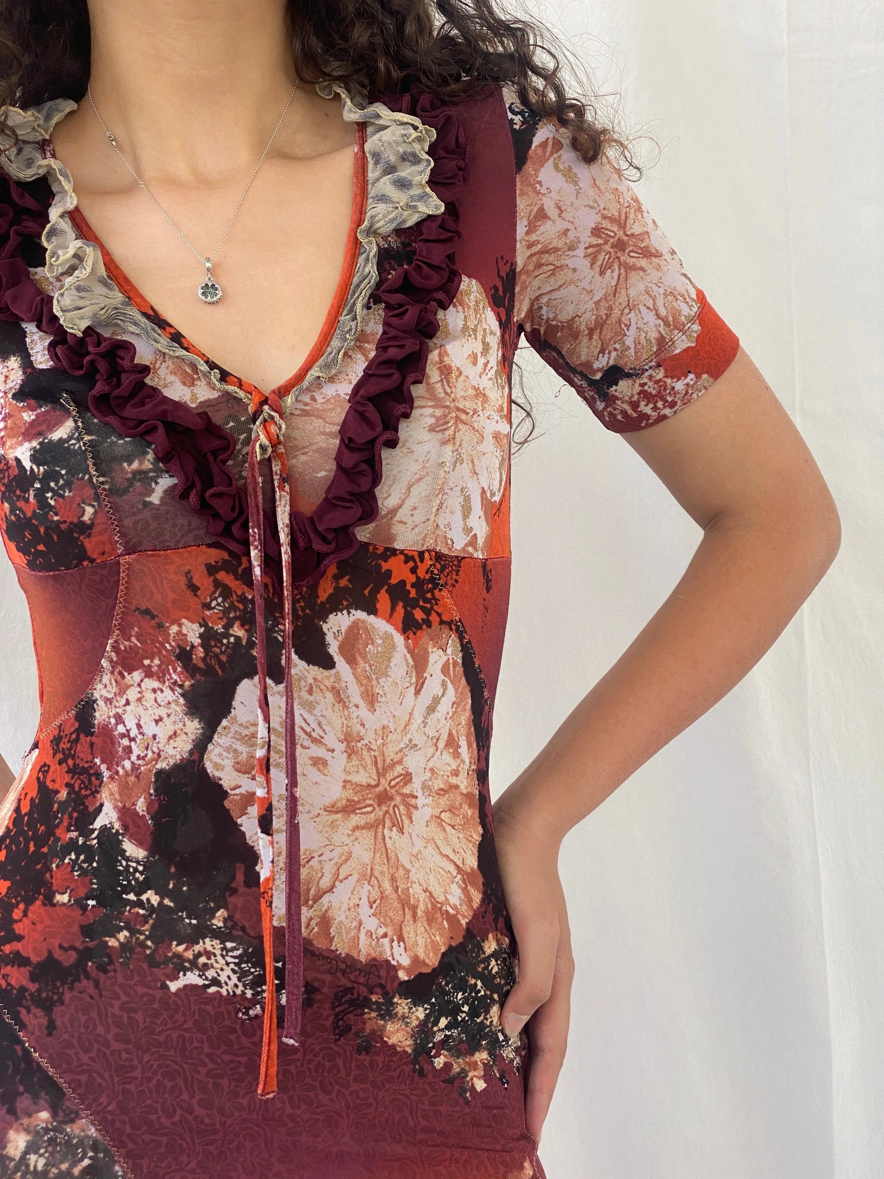 2000s Y2K Just Cavalli by Roberto Cavalli Orange Purple Floral Ruffled Neckline Short Dress - S - Balagan Vintage Mini Dress 00s, 00s dress, Celine, dress, just cavalli, Mini Dress, rare find, rare vintage, roberto cavalli, Y2K dress