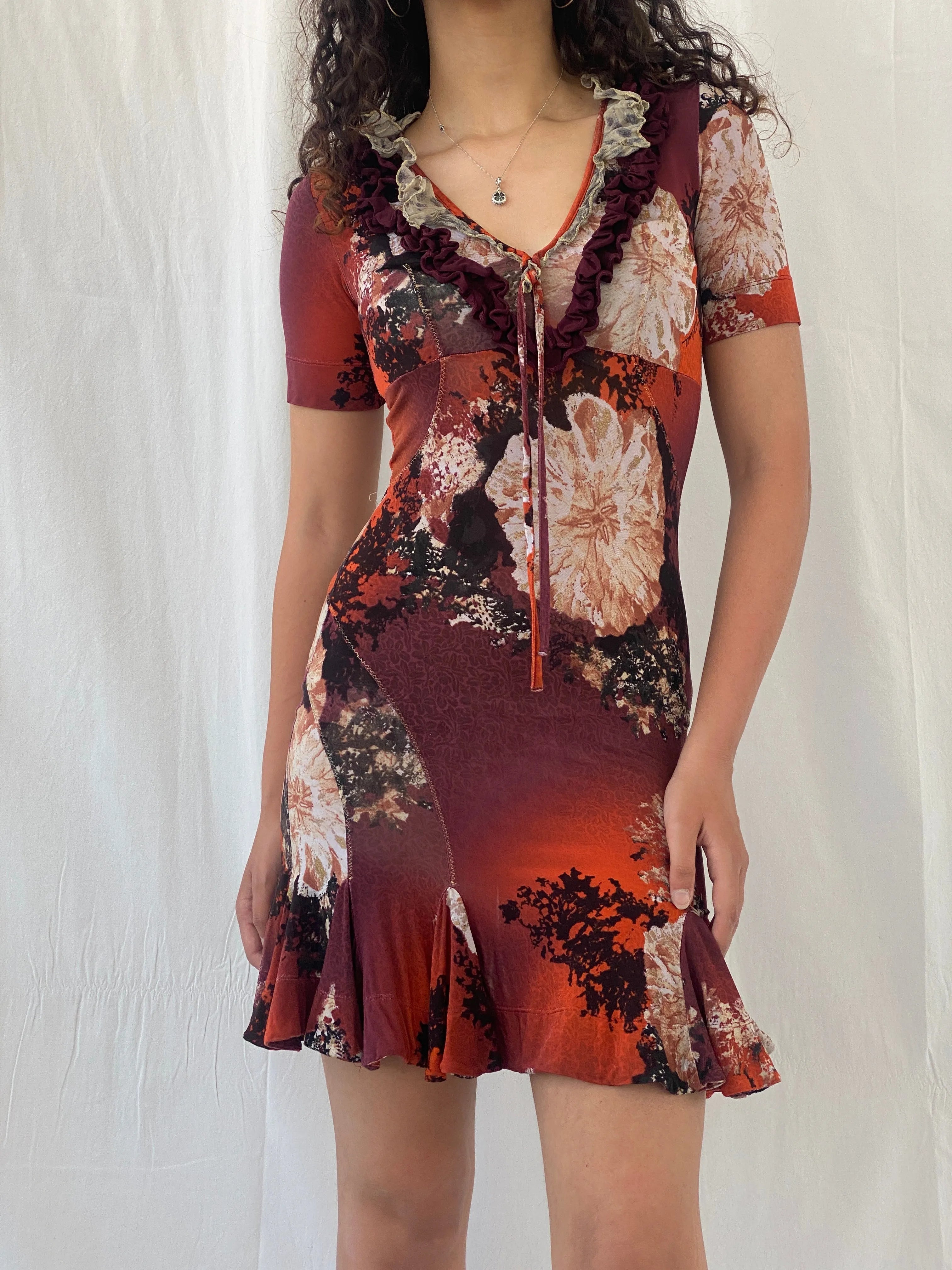 2000s Y2K Just Cavalli by Roberto Cavalli Orange Purple Floral Ruffled Neckline Short Dress - S - Balagan Vintage Mini Dress 00s, 00s dress, Celine, dress, just cavalli, Mini Dress, rare find, rare vintage, roberto cavalli, Y2K dress